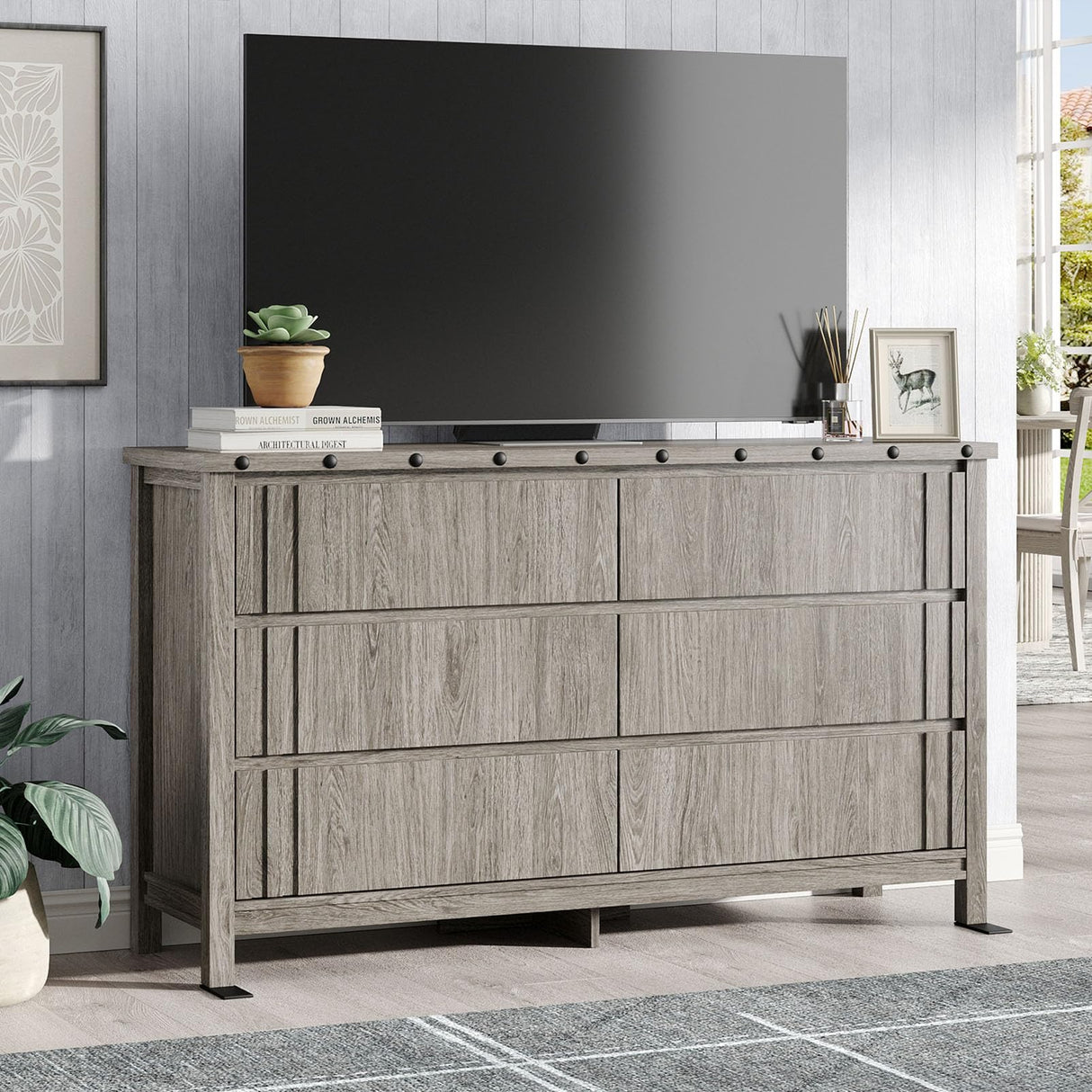 Maupvit Farmhouse 6 Drawers Dresser for Bedroom,55" Fluted Chest of Drawers with Storage Freestanding,Wooden Dresser TV Stand,Closet Clothes Storage Drawer Organizer for Living Room,Entryway,Hallway Maupvit