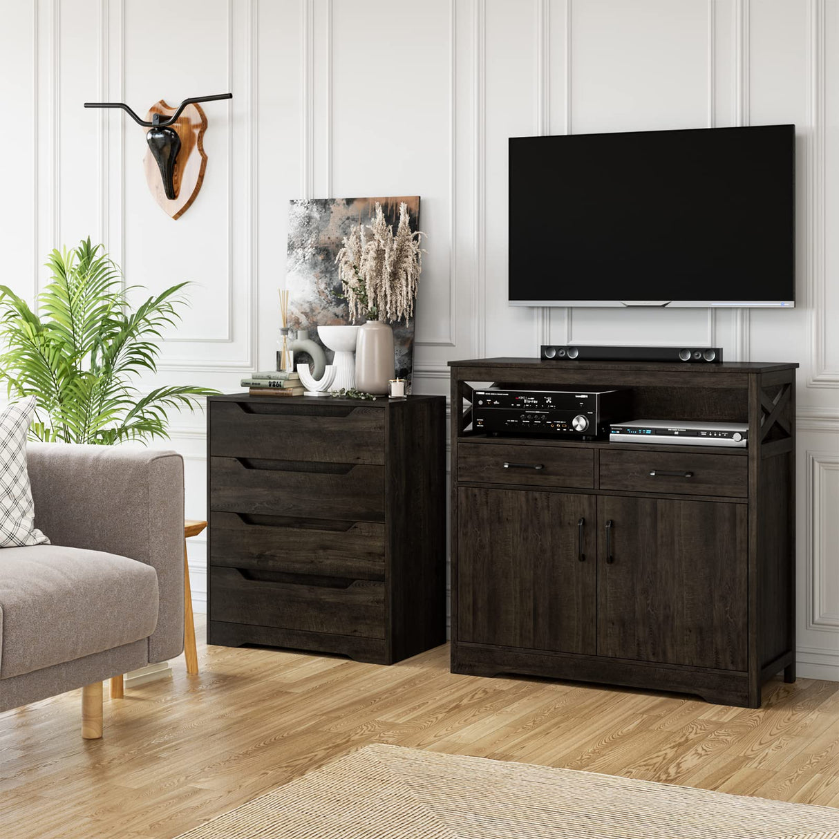 HOSTACK Modern Farmhouse Buffet Sideboard, Kitchen Storage Cabinet with Shelves and Doors, Wood Buffet Cabinet with Drawers, Coffee Bar, Floor Cabinet Cupboard for Living Room, Dark Brown HOSTACK