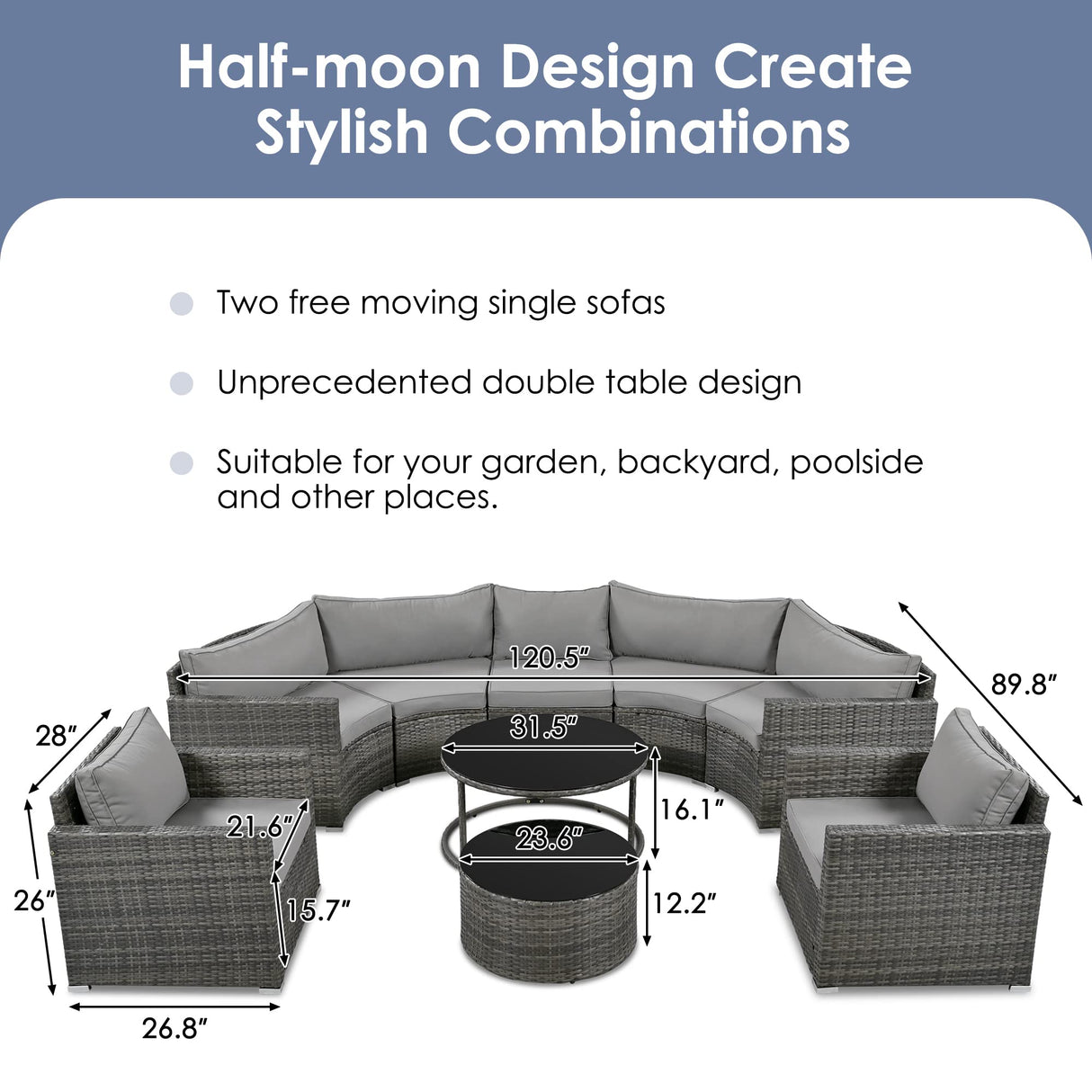 9-Piece Outdoor Patio Half Moon Furniture Set, Free Combination Sofa Set Sectional Conversation Set, Rattan Wicker Half Moon Sofa Set with Free Overlapping Round Table (Gray Wicker + Gray Cushion) YSWH