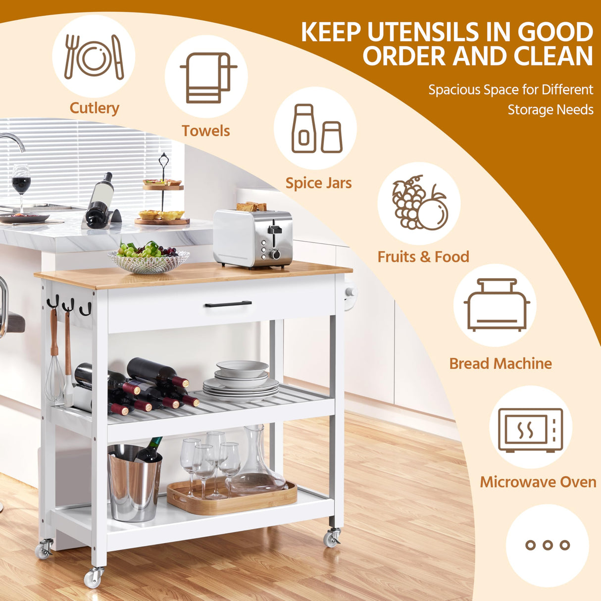 Yaheetech Kitchen Island Cart on Wheels with Bamboo Tabletop, 3-Tier Rolling Kitchen Island Microwave Cart with Drawer, Detachable Towel, 3 Hooks, 17″D × 37.5″W, White Yaheetech