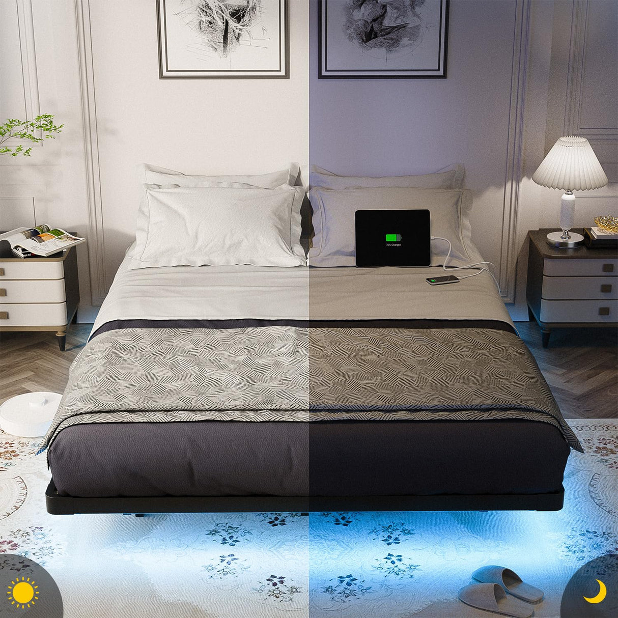 OLEVS Queen Size Floating Bed Frame with Smart LED Lights and Charging Station - Modern Metal Design, Easy Assembly, No Box Spring Required OLEVS