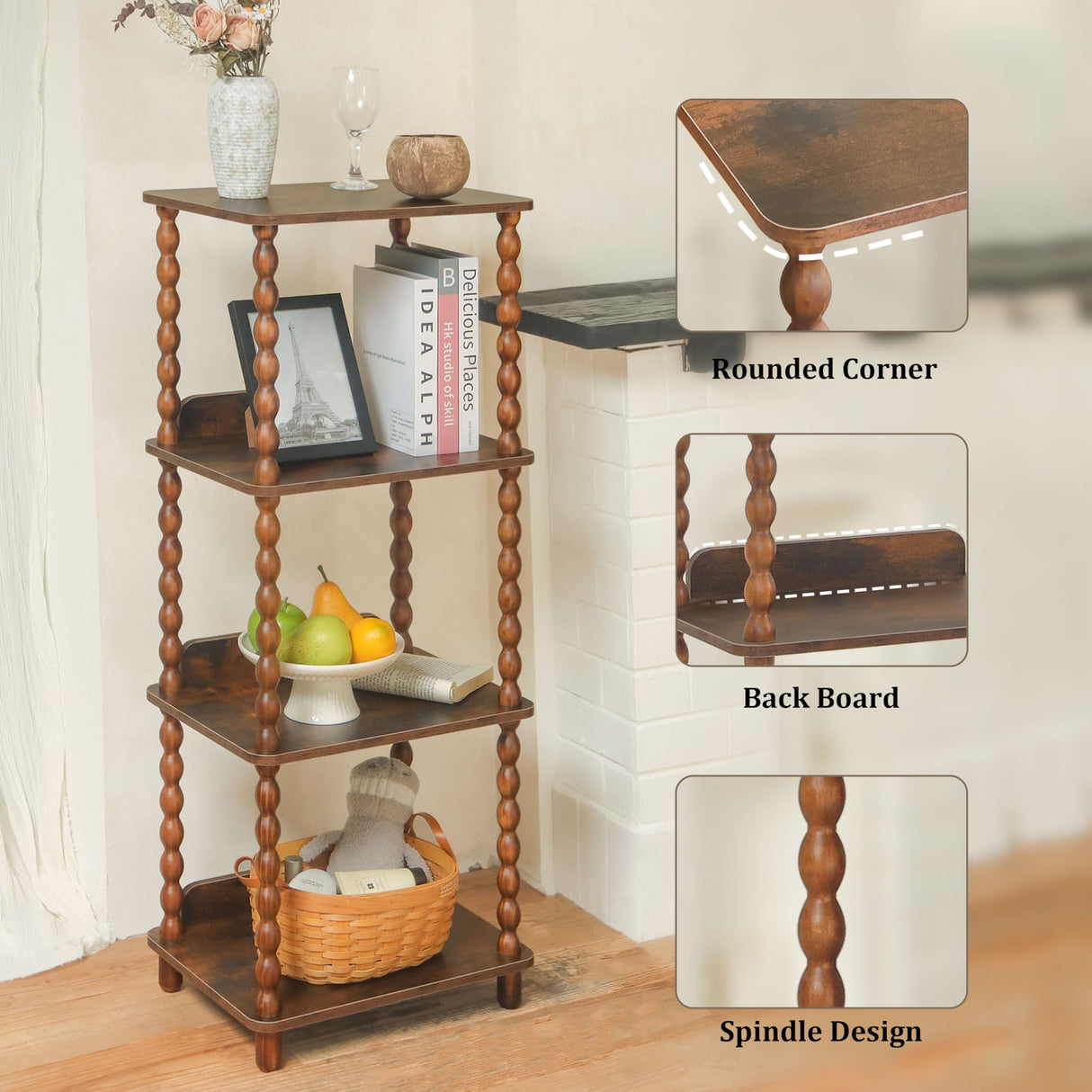 Fultyle Book Shelf, 4-Tier Bookshelf with Storage, Small Bookcase Display Shelves for Small Spaces, Bedroom, Living Room and Office with Solid Wood Legs (Rustic Brown)