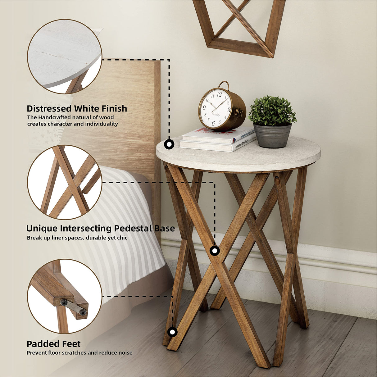 LONYKE Round End Table, Distressed White Top with 4-Legs Base Beside Table for Modern Farmhouse, Boho Decor, White and Natural LONYKE