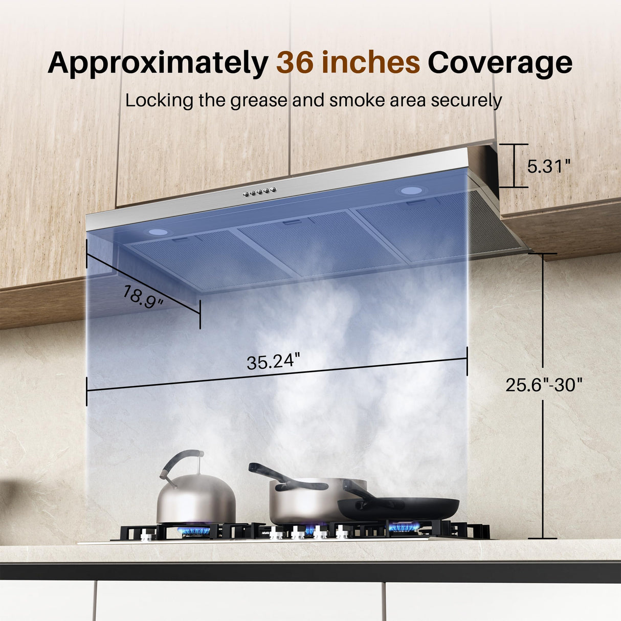 FIREGAS Range Hood 36 Inch Under Cabinet, Ducted/Ductless Convertible Kitchen Hood with 3 Speed Exhaust Fan, 300 CFM, LED Lights, Stainless Steel Vent Hood for Kitchen FIREGAS