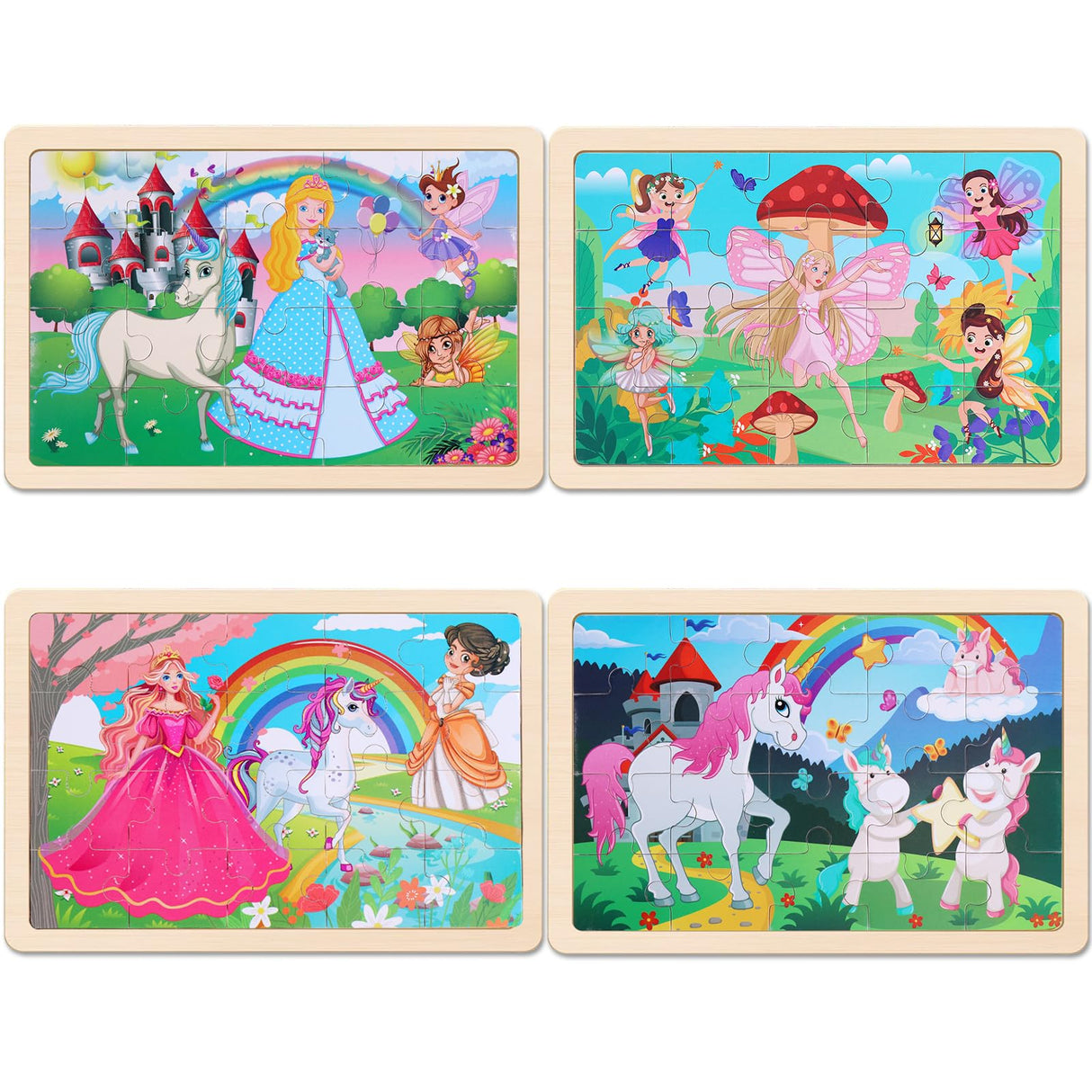 Wooden Educational Jigsaw Puzzles for Preschool Kids Ages 3-5, 4-Pack with 20 Pieces Unicorn Princess Wood Puzzles Set, Toddler Brain Teaser Toys, Preschool Gifts for Boys Girls Ages 3 4 5 6 NASHRIO