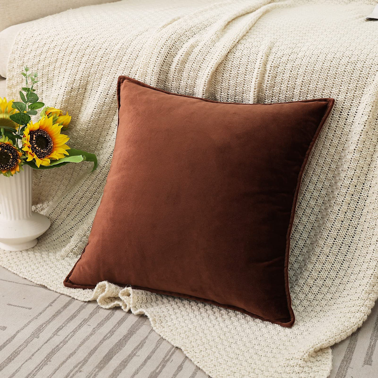 JIAHANNHA Velvet Brown Throw Pillow Covers Pack of 2 Spring Decorative Soft for Couch Sofa Bed Livingroom Office 18×18 Inches JIAHANNHA