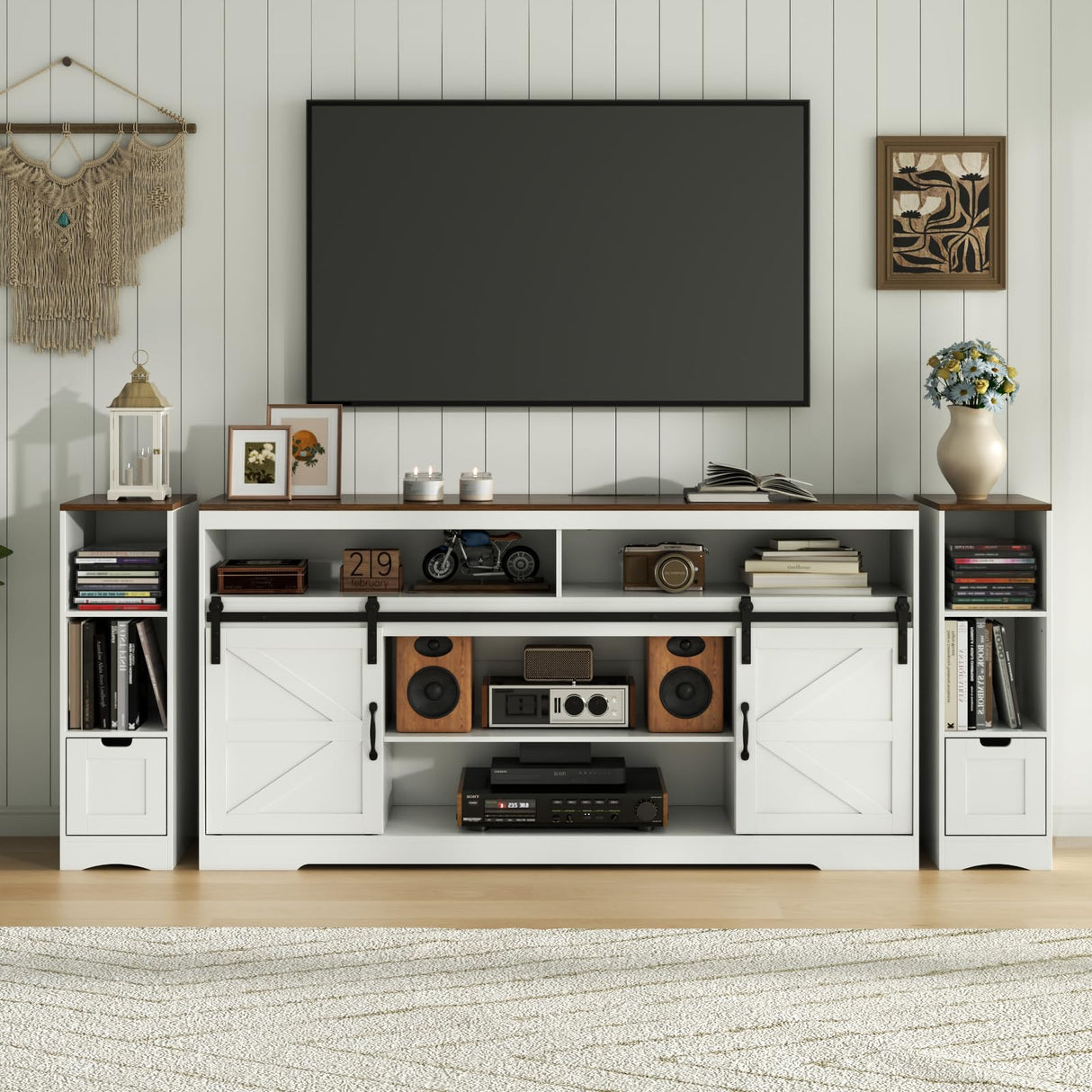 Loomie Farmhouse 3 in 1 TV Stand with Charging Station, 79"W Entertainment Center with 2 Side Cabinets for 85" TV,Media Console Table with Adjustable Shelves & Sliding Barn Door for Living Room(White) Loomie