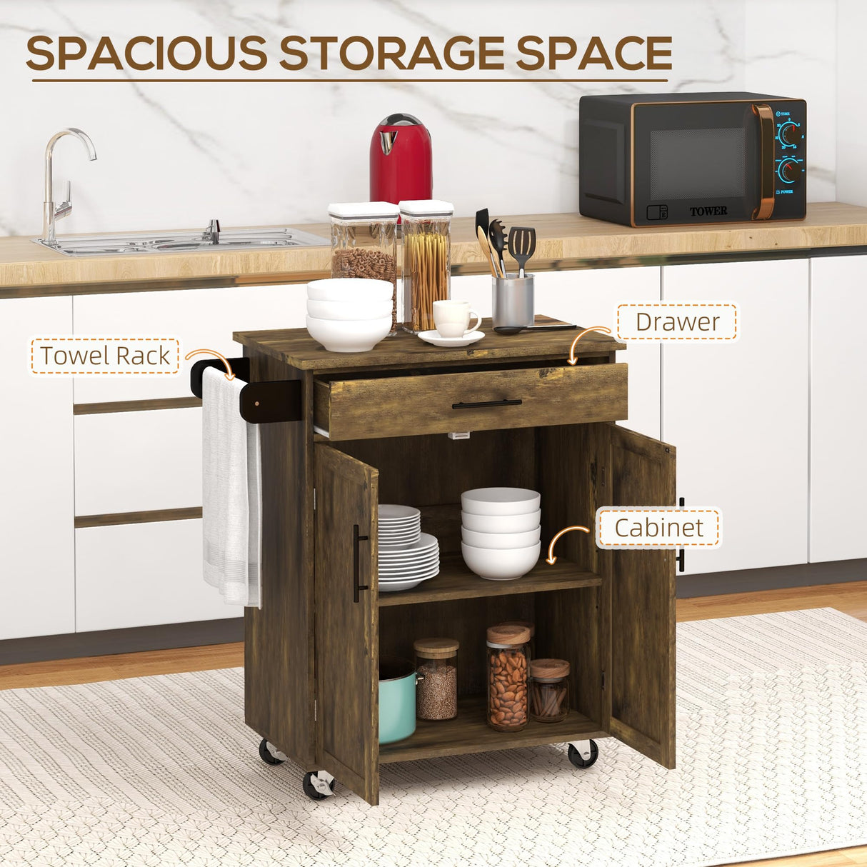 HOMCOM Kitchen Island Cart Rolling Trolley Cart with Drawer, Storage Cabinet & Towel Rack, Rustic Brown HOMCOM
