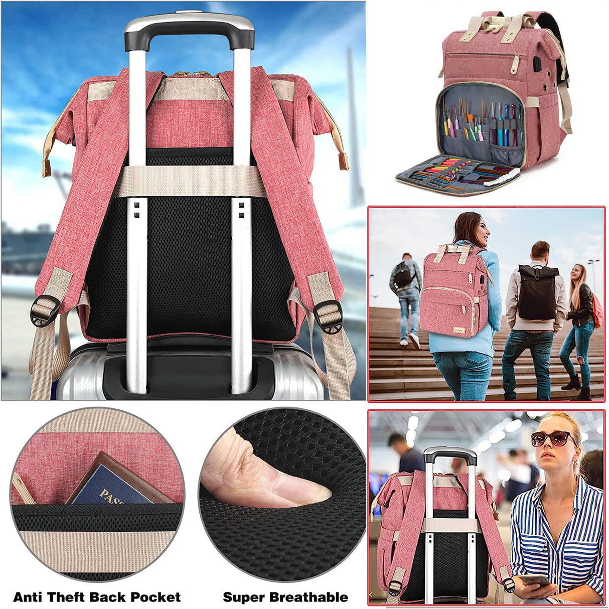 Knitting Bag Backpack,Yarn Storage Organizer Travel Crochet Bag with USB Charging Port,Large Capacity Yarn Storage Tote Bag Yarn Holder Case for Carrying Projects, Knitting Needles, Crochet Hooks Pink LTINVECK