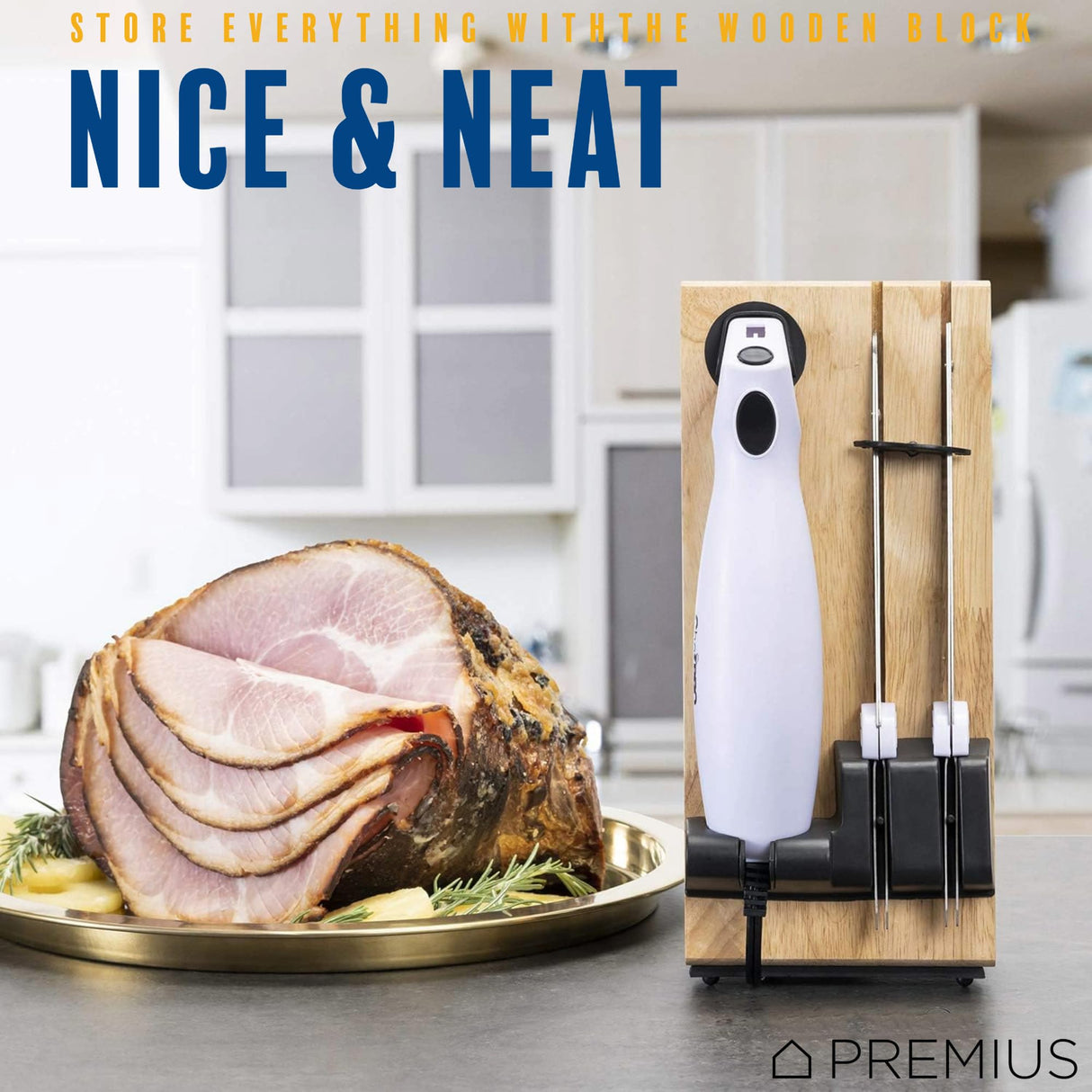 SERRATED CARVING ELECTRIC KNIFE SET By Chef PRO, With Wooden Storage Block, 2 Interchangeable Stainless-Steel Blades, Precise Cutting and Carving of Meats, Fruits, Breads, Comfortable Design, White Chef Pro