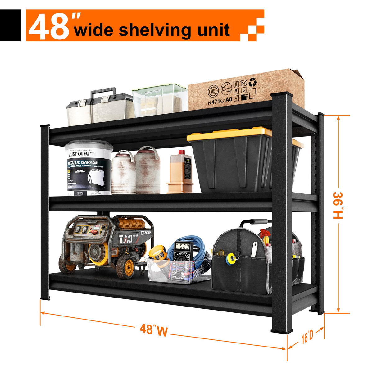 Huhaneon Heavy Duty Garage Shelves - 48''W 1,650Lbs Metal Adjustable Storage Shelving Rack Units for Warehouse Kitchen Pantry Basement 3 Tier Black 47.2" W x 15.7" D x 36" H Huhaneon
