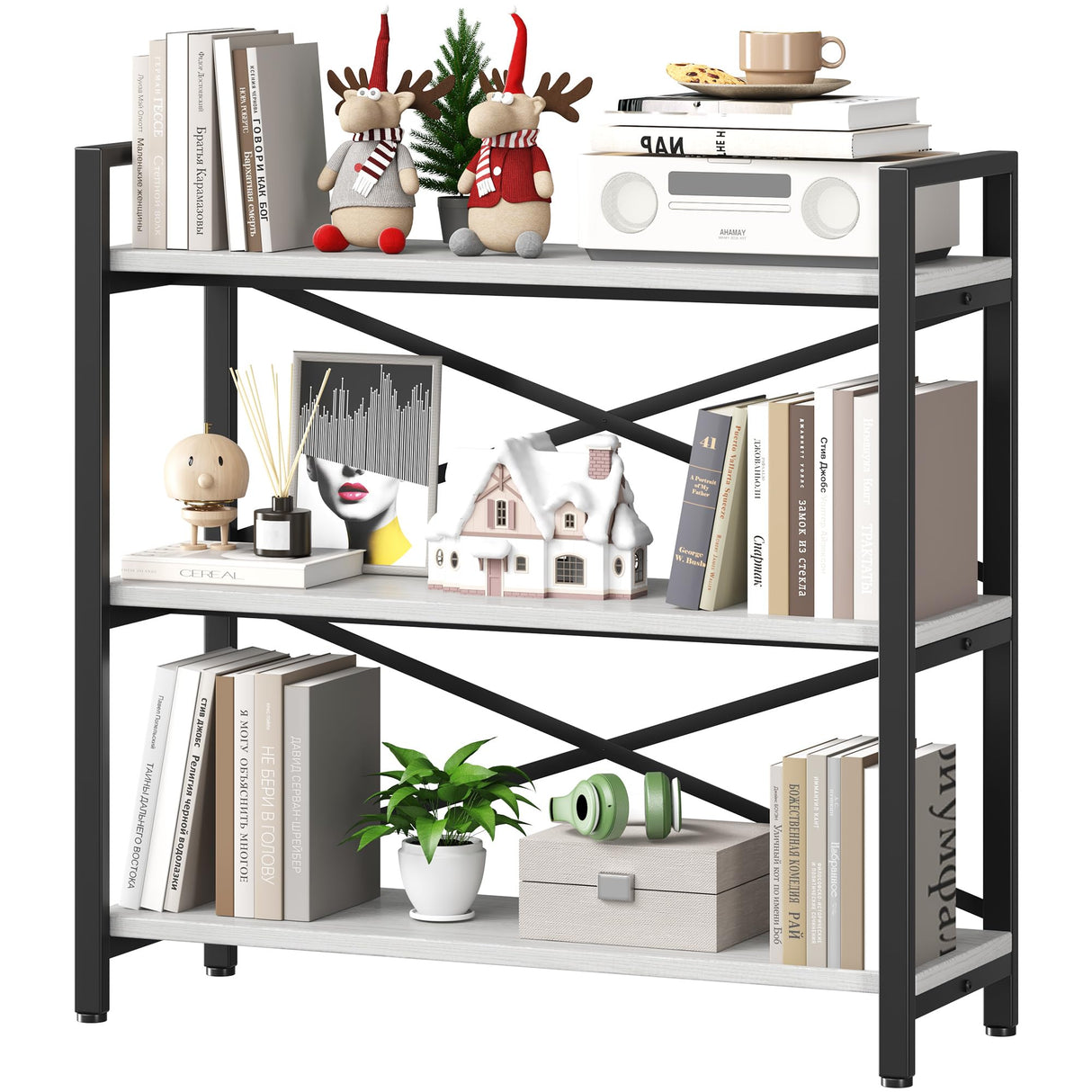 Homeiju 3 Tier Bookshelf 31.49" Width, Wood and Metal Etagere Bookcase, Vintage Farmhouse Modern Wooden Big Book Shelf for Home Living Room Bedroom Office Storage(White) Homeiju