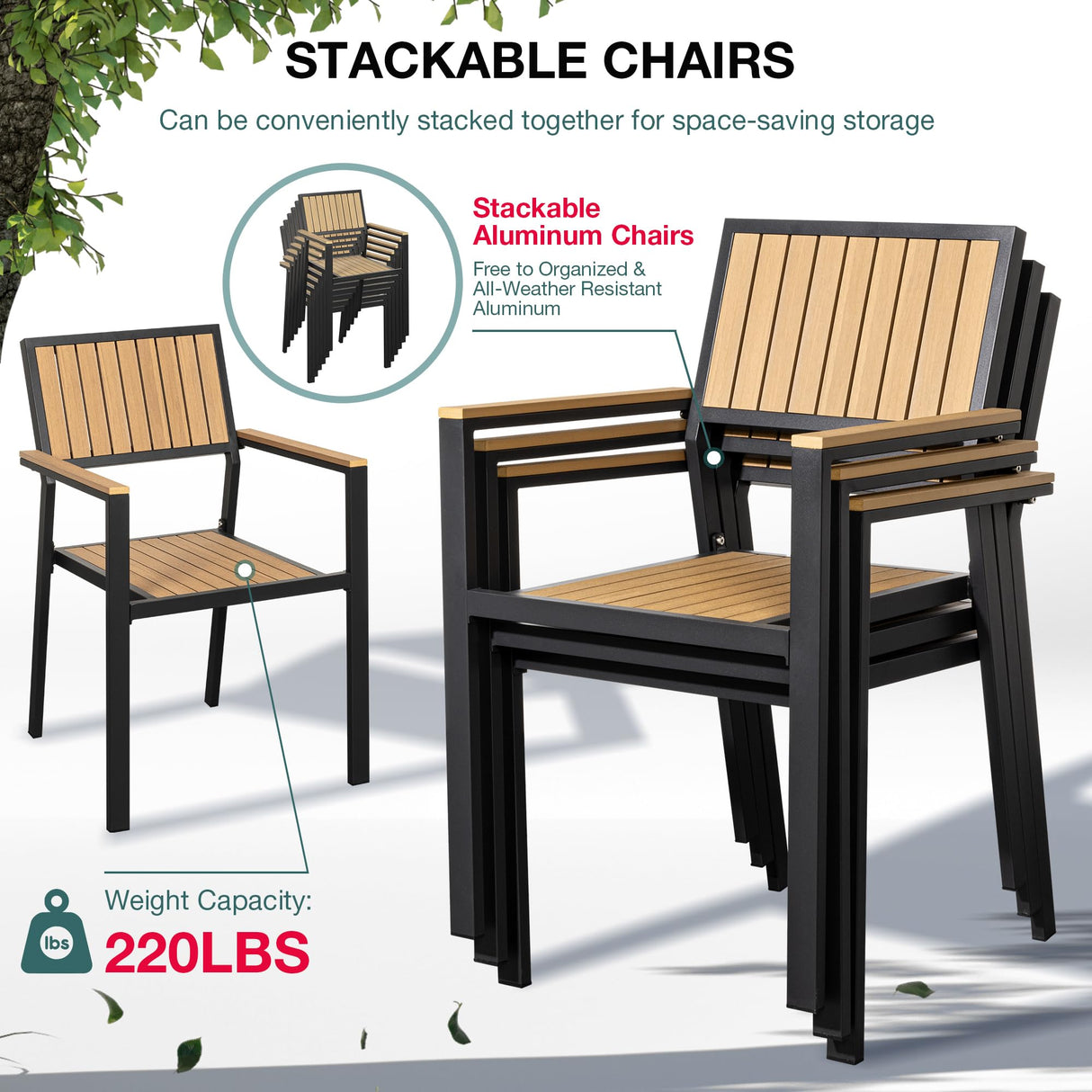 Pamapic 10-Piece Outdoor Dining Set, Patio Aluminum Furniture with Plastic-Wood Table Top & 8 Stackable Chairs, Outdoor Furniture Set for Patio Garden Poolside (Teak) Pamapic