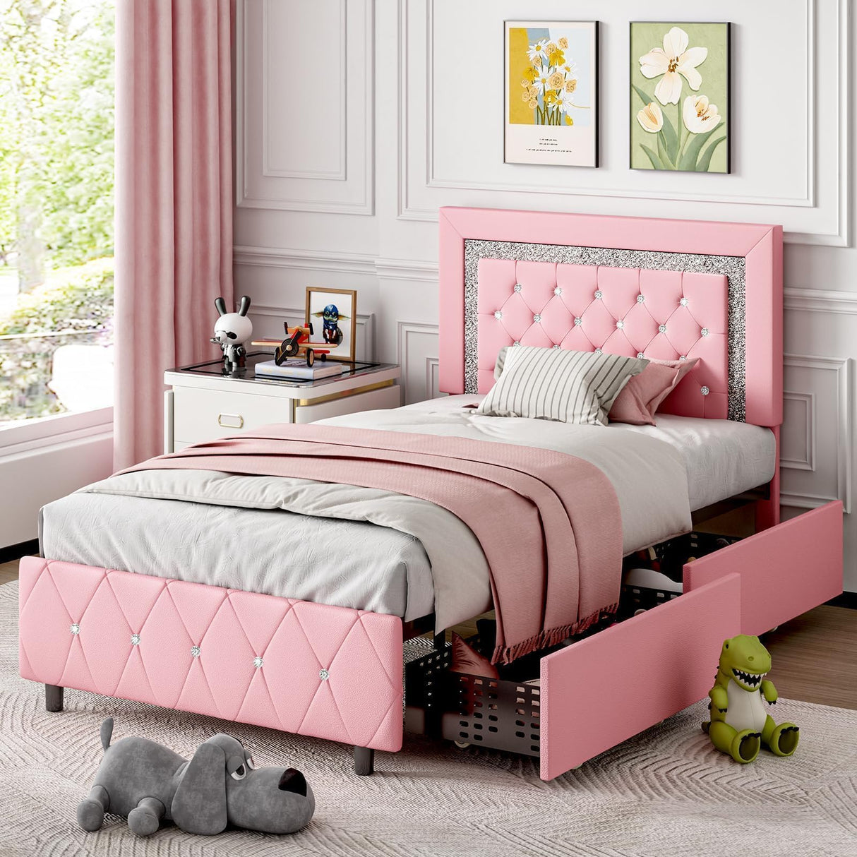 Twin Bed Frames with LED Lights and Storage Drawers, Upholstered Platform Bed with Diamond Headboard, Faux Leather Princess Platform Bed, No Box Spring Needed, Easy Assembly, Pink BarnFurin