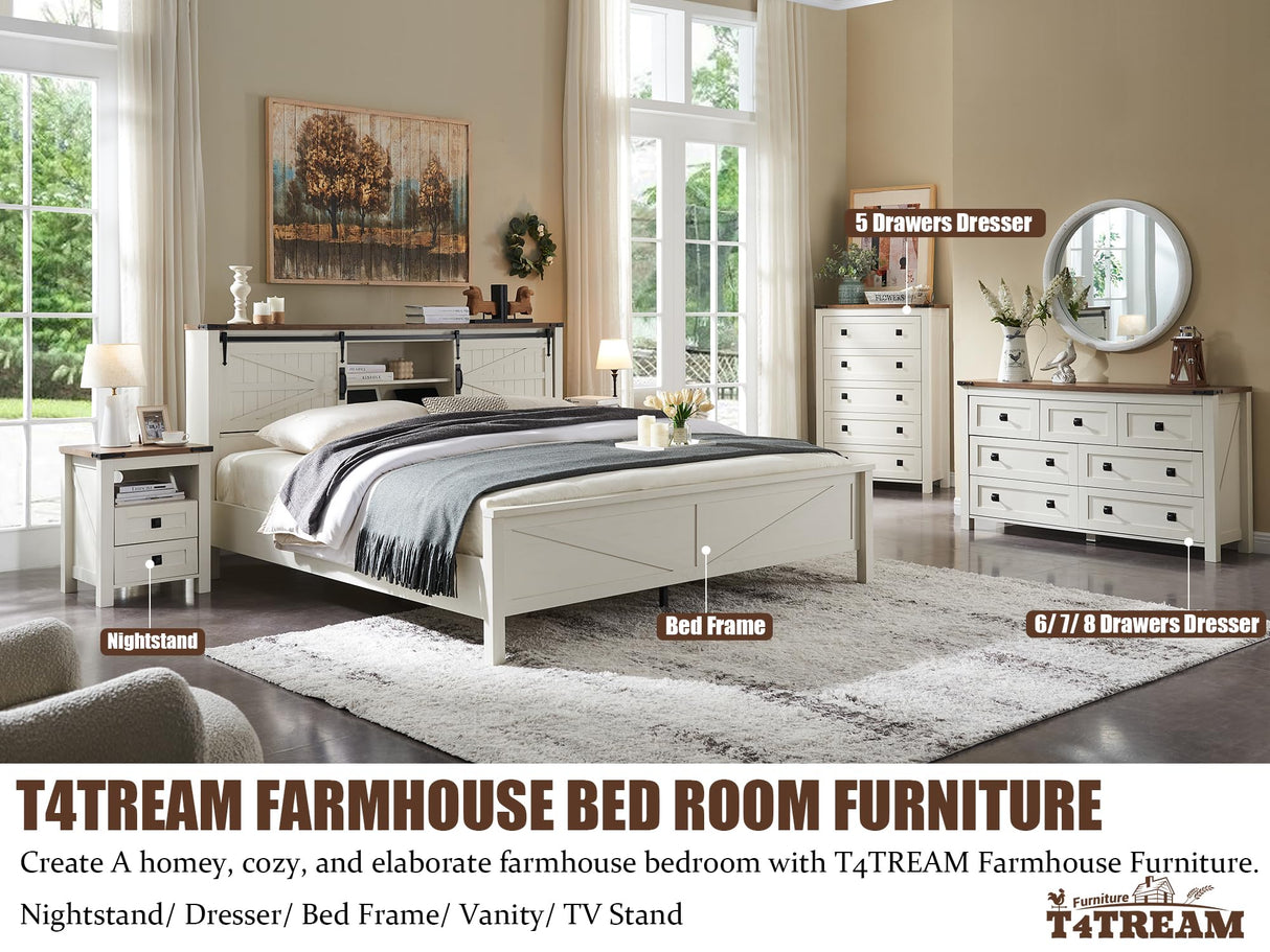 T4TREAM Nightstand with Charging Station, End Table, Side Table with 2 Drawers Storage Cabinet for Bedroom, Living Room, Farmhouse Design, Wood Rustic, Antique White T4TREAM