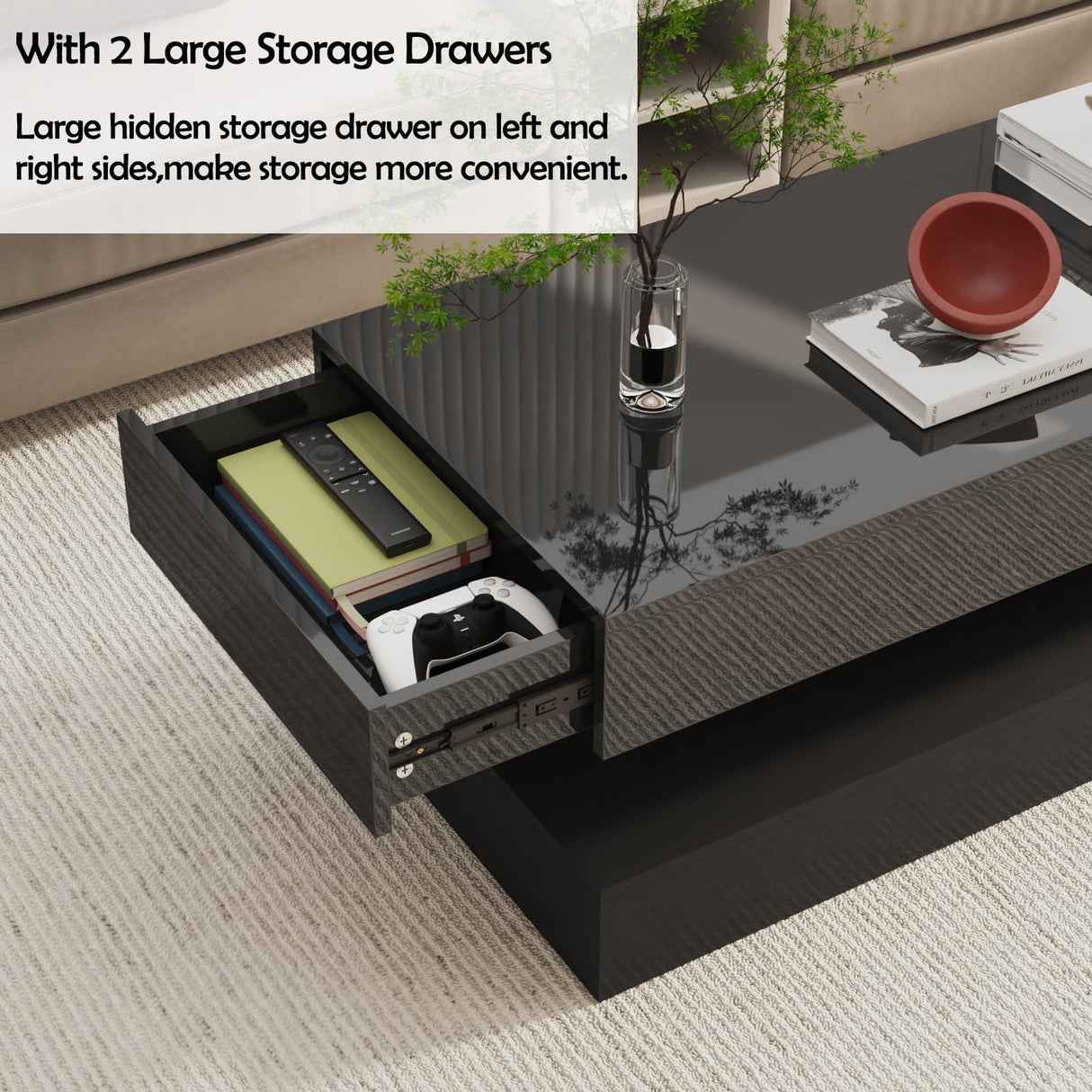 Uspeedy 47.3IN High Glossy LED Coffee Table,Modern Coffee Table for Living Room,Living Room Tables,Large Living Room Furniture,APP LED Lights,Black/White Coffee Table for Living Room (Black) Uspeedy