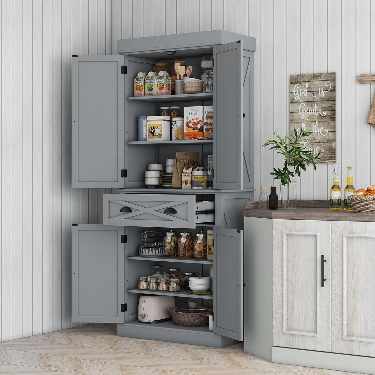 HOMCOM 72" Kitchen Pantry Storage Cabinet, Traditional Freestanding Cupboard with 4 Doors and 2 Adjustable Shelves, Large Central Drawer, X-Frame, Gray HOMCOM