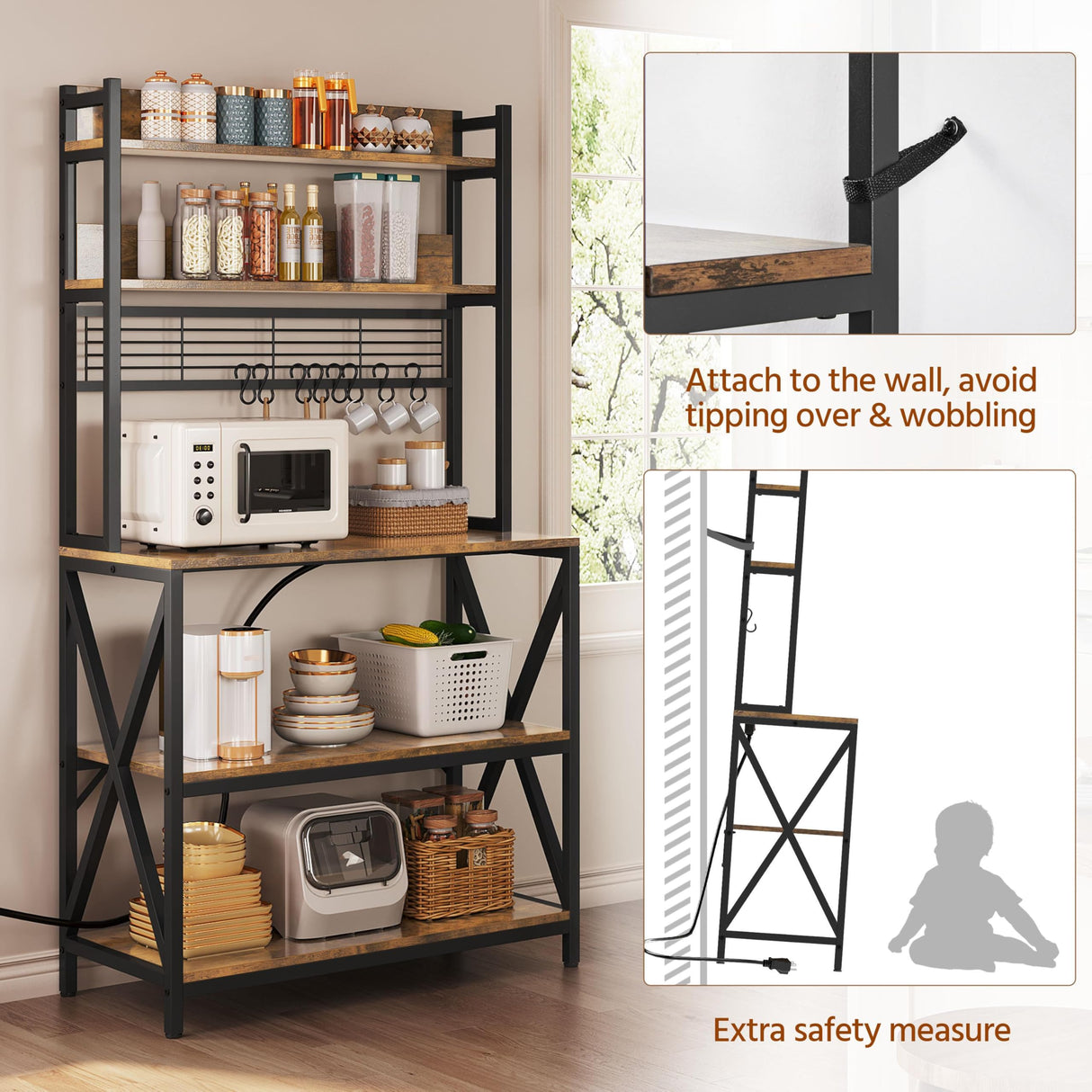 Yaheetech Kitchen Bakers Rack with Power Outlet & LED Lights, 5 Tiers Coffee Bar Table with 8 S Hooks, 64 Inches Tall Microwave Oven Stand with Storage for Spices, Pots, Rustic Brown Yaheetech
