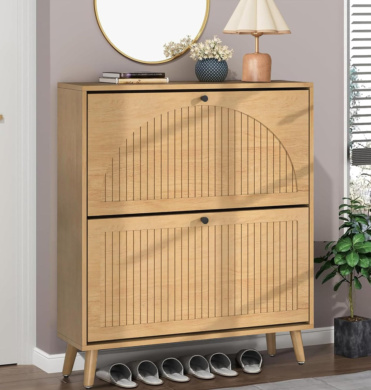 Fsbecl Shoe Storage Cabinet for Entryway with 2 Flip Drawers, Narrow Wood Shoe Cabinet with Fluted Panel, Freestanding Hidden Shoe Organizer for Foyer, Hallway (Wood Color) Fsbecl