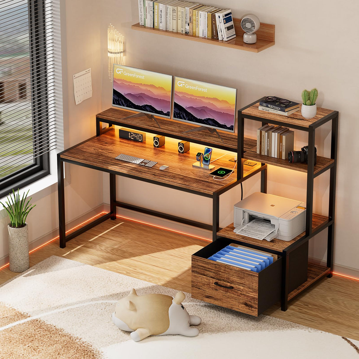 GreenForest Office Desk with Power Outlets and Printer Shelf, 59 inch Computer Desk with LED and Drawer, Reversible Gaming Desk with Storage for Home Study Working,Walnut GreenForest