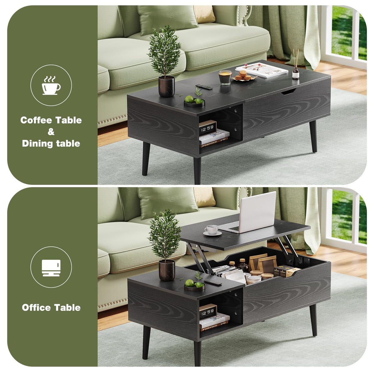 OLIXIS Wood Lift Top Coffee Table with Hidden Compartment and Large Storage Shelf, Lift Tabletop Dining Center Table for Home Living Room Office, Black OLIXIS