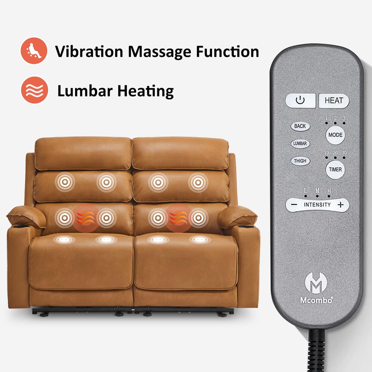 MCombo 63.4" Power Reclining Loveseat Sofa with Adjustable Headrest, Heat and Vibration, USB Type C Charge Ports Faux Leather for Living Room 6711 (Cognac Brown) MCombo
