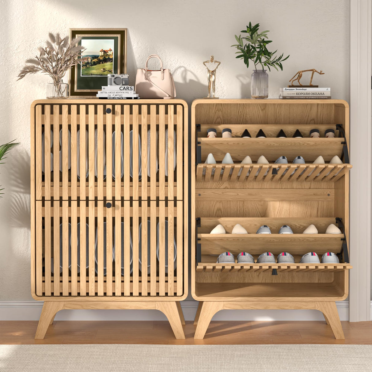 Jluomei Narrow Shoe Cabinet Storage for Entryway Slim, Wood Fluted Entry Way Shoe Organizer, Modern Rack Cabinet with 2 Flip Drawers, Wooden, Farmhouse, Small, Freestanding, Oak, Natural Jluomei