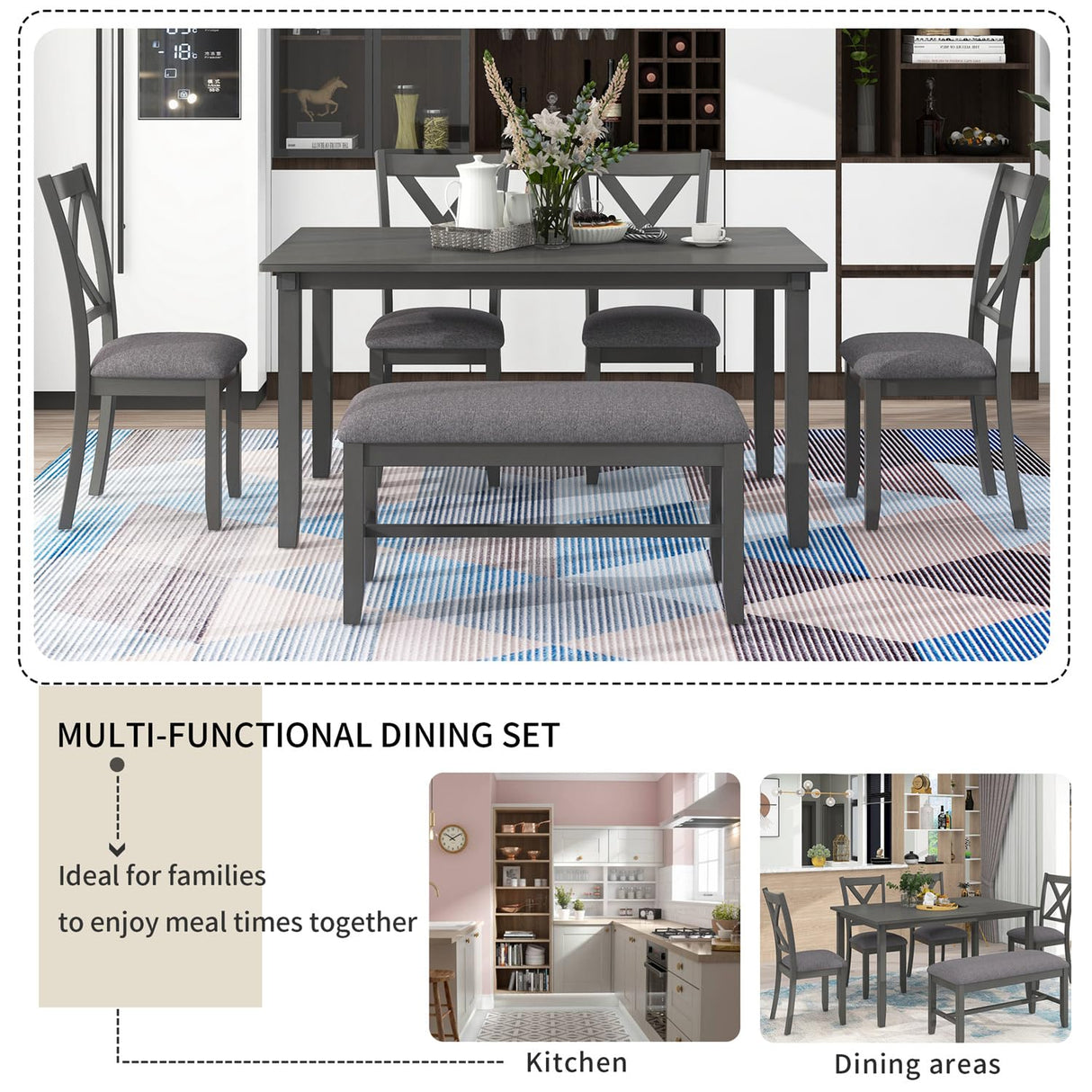 Harper & Bright Designs 6 Piece Wooden Dining Table Set with Upholstered Bench and 4 Dining Chairs, Kitchen Table Set Family Furniture for 6 People (Grey) Harper & Bright Designs