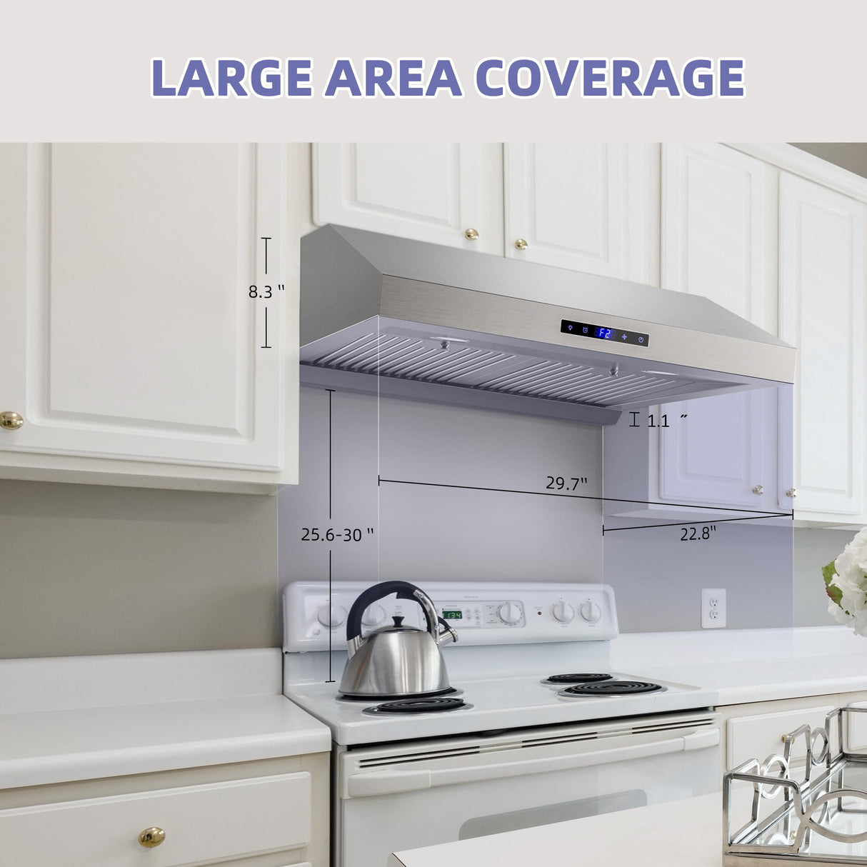FIREGAS Range Hood 30 inch, Dual Motor Kitchen Hood 900 CFM Stainless Steel Vent Hood for Under Cabinet with 3 Speed Exhaust Fan, Touch Screen, Dishwasher Safe Baffle Filters and LED Lights FIREGAS