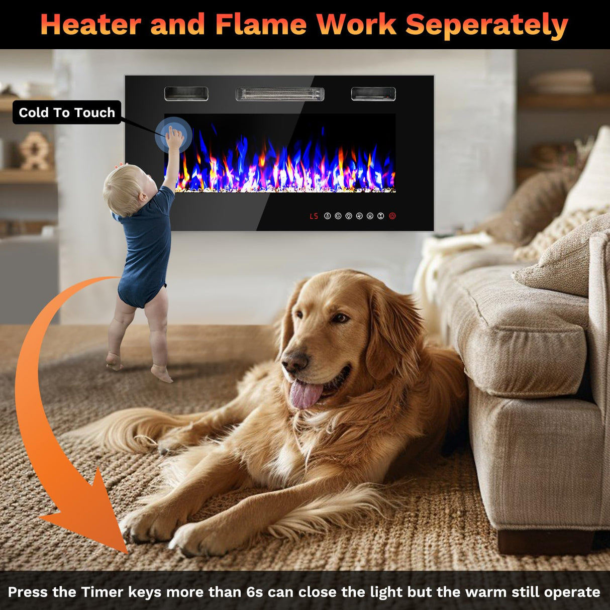 72" Electric Fireplace Recessed Wall Mounted,Muti LED Flames Fireplace Insert, Speed Bright Adjustable,Electric Fire Place Heater,Remote/Touch Screen Control Fireplace,1-8 HTimer / 400 Sq. FANGJI