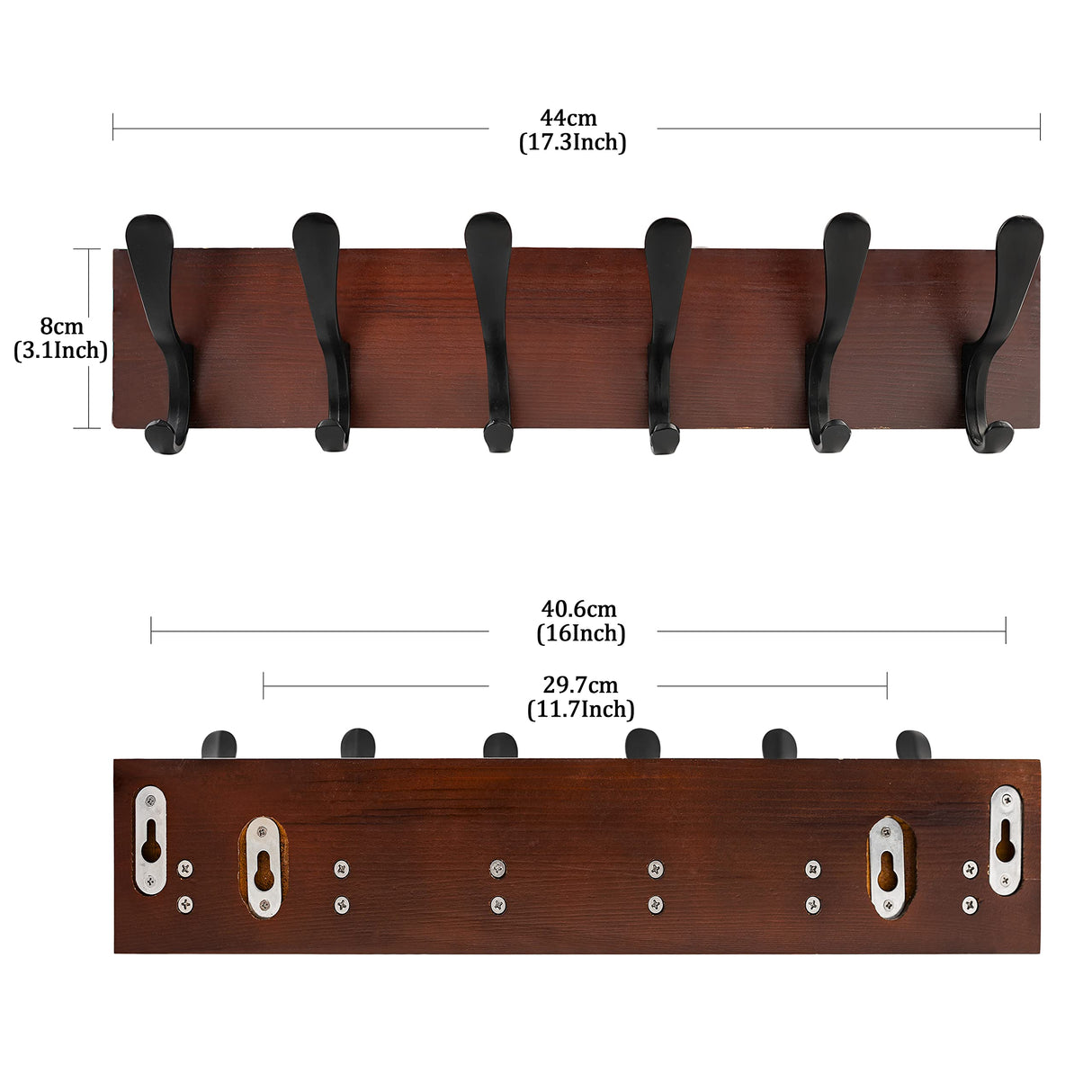 SKOLOO Coat Rack Wall Mount - Wooden Brown Wall Coat Hook, Wall Coat Hanger Rack with 6 Hooks for Hanging Coats, Hats, Clothing, Scarfs, Brown & Black SKOLOO