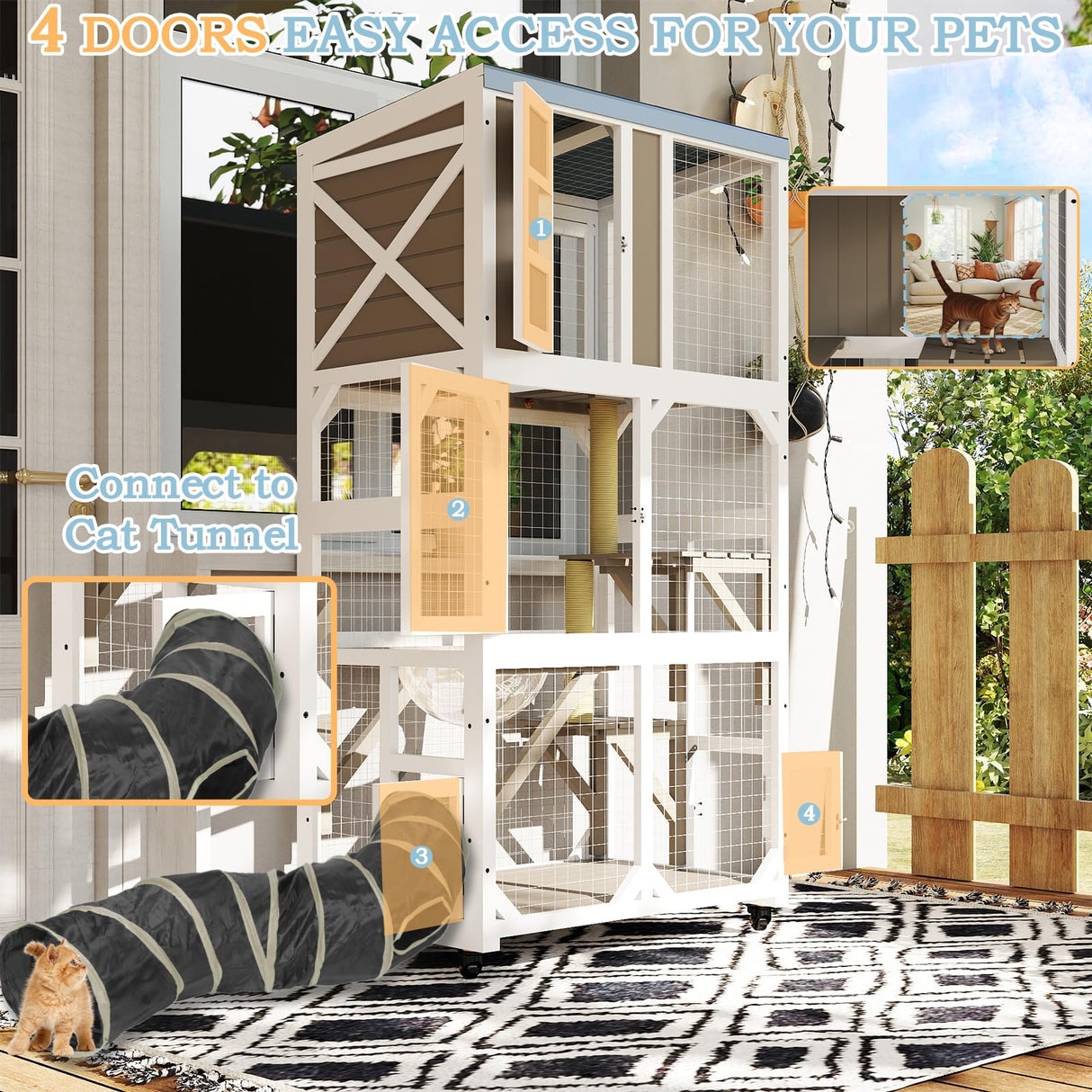 Ketive 64" Large Wooden Catio Outdoor Cat Enclosure, Window Cat House with Wheels & 3 Platforms, Kitty Cage with Weatherproof Roof for Multiple Cats (Gray) ketive