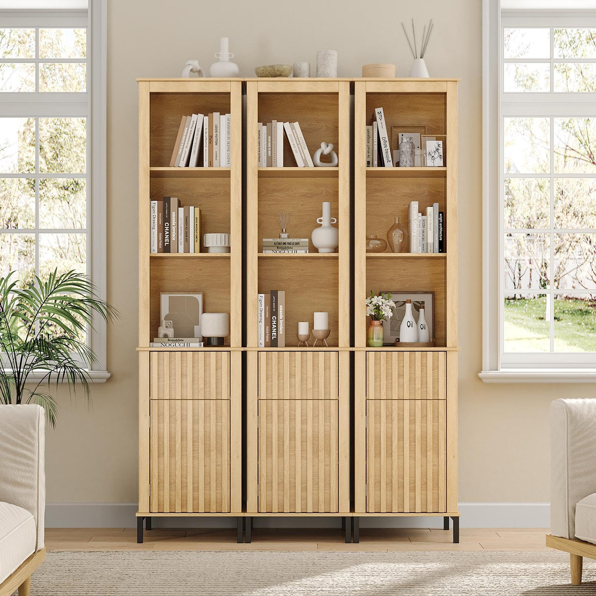 Maupvit 68" Tall Bathroom Storage Cabinet, Boho Wood Storage Cabinet Freestanding, Home Space Saving Organizer with Fluted Door & Drawer for Living Room, Dining Room, Kitchen, Utility Room Maupvit