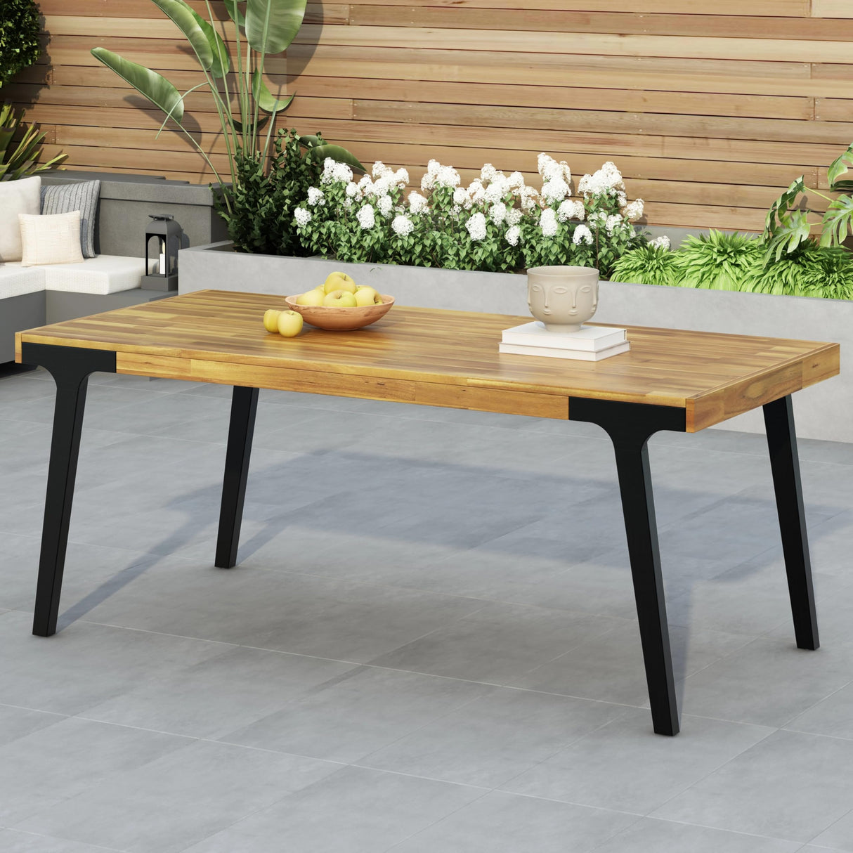 Christopher Knight Home Harpe Outdoor Patio Acacia Wood Dining Table Rectangular, Wood Slat Panel Top Dining Table, Dining Table for Backyard, Garden, Lawn,Teak Finish+Black 32.00" Dx69.00 Wx30.00 H Christopher Knight Home