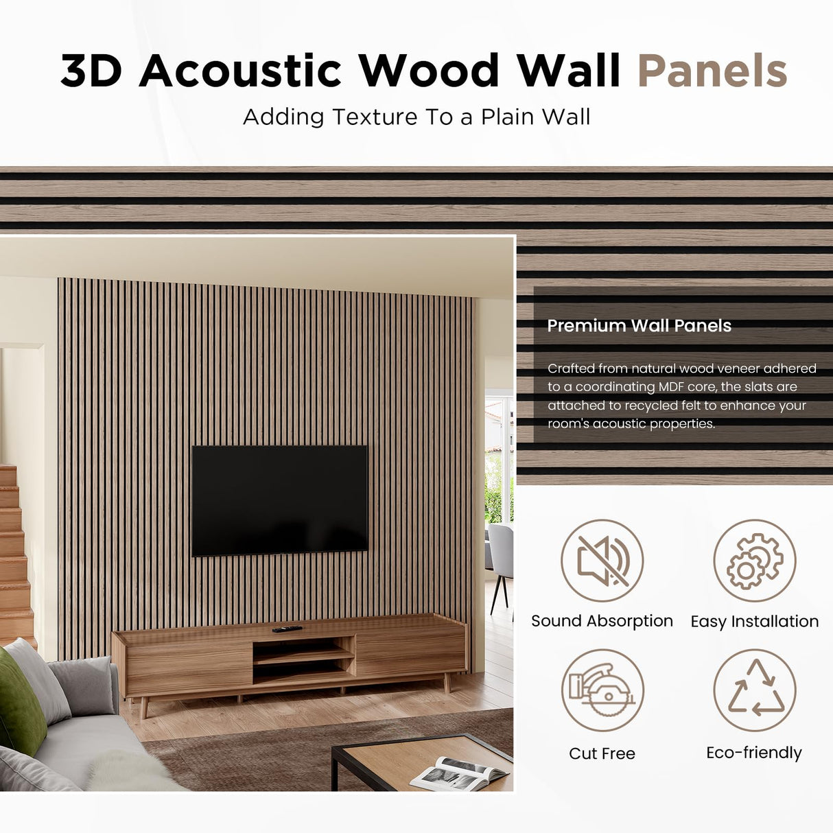 Wood Slat Acoustic Panels, 106" x 12.6" Each Soundpoof Wooden Slat Wall Panel - Walnut, 2 Pack SMARTSTANDARD