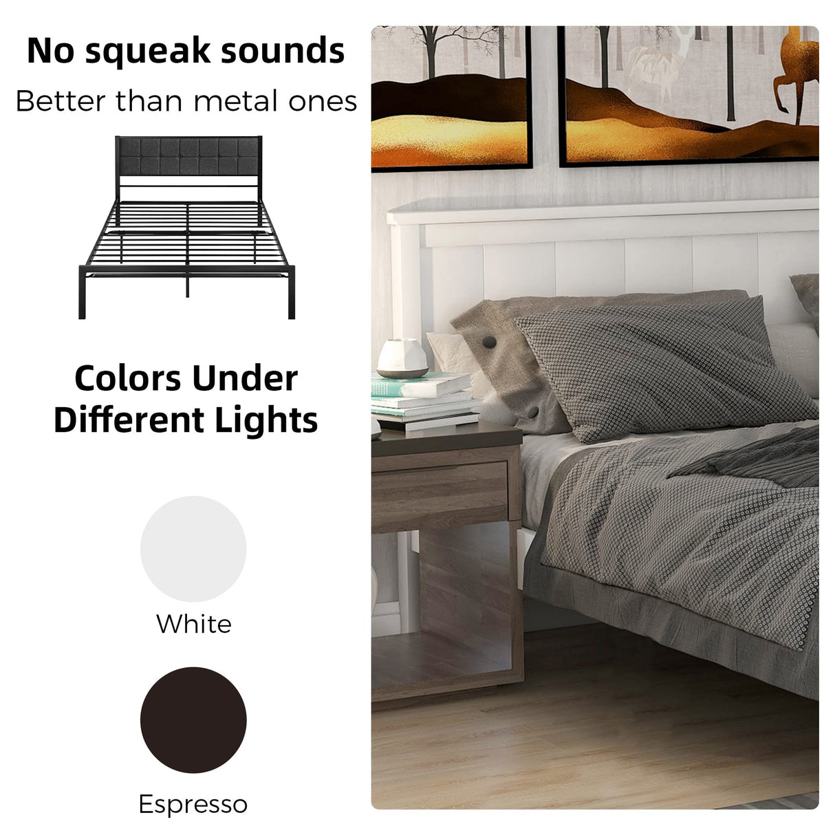 Merax Queen Size Wood Platform Bed with Headboard – White Finish, No Box Spring Needed Merax