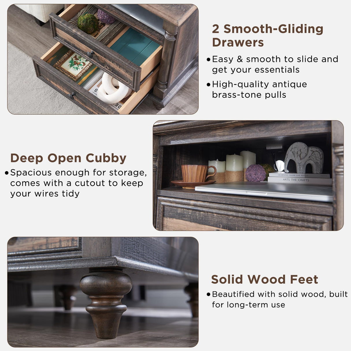 T4TREAM 24'' Farmhouse End Table w/4 Solid Wood Feet, Large 2 Drawers Wide Sofa Side Table with Charging Station, Tall Rustic Wood Square Nightstand for Living Room, Bedroom, Office, Dark Rustic Oak T4TREAM