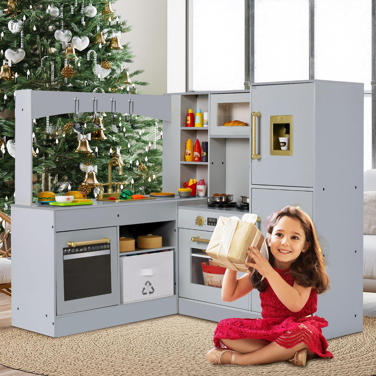 MAMIZO Corner Play Kitchen for Kids, Wooden Pretend Toy Kitchen, Large Toodler Cooking Playset w/Refrigerator, Stove w/Light & Sound, Disinfection Locker, Water Dispenser, Sink, Home Modern (Gray) MAMIZO