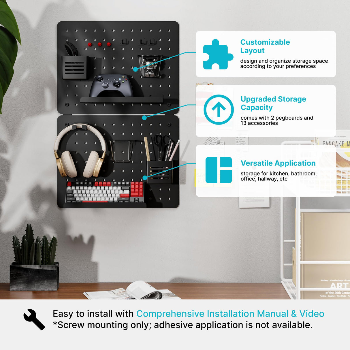 PEGZONE Pegboard Wall Organizer Combination Kit, Overall 25.4"x16.6" Metal Office Pegboard with 13 Accessories, Wall Mounted Peg board Display Panels for Home, Gaming Room, Garage (2Pcs, Medium,Black) PEGZONE