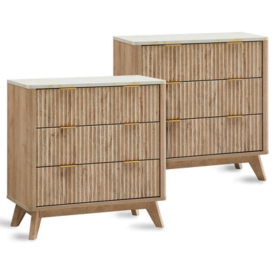 T4TREAM 32" Tall Fluted Nightstand Set of 2, Modern Side Table with Faux Marble Top, 3 Drawers End Table w/Storage, Bedside Table for Bedroom, Living Room, Curved Profile Design, Natural Oak