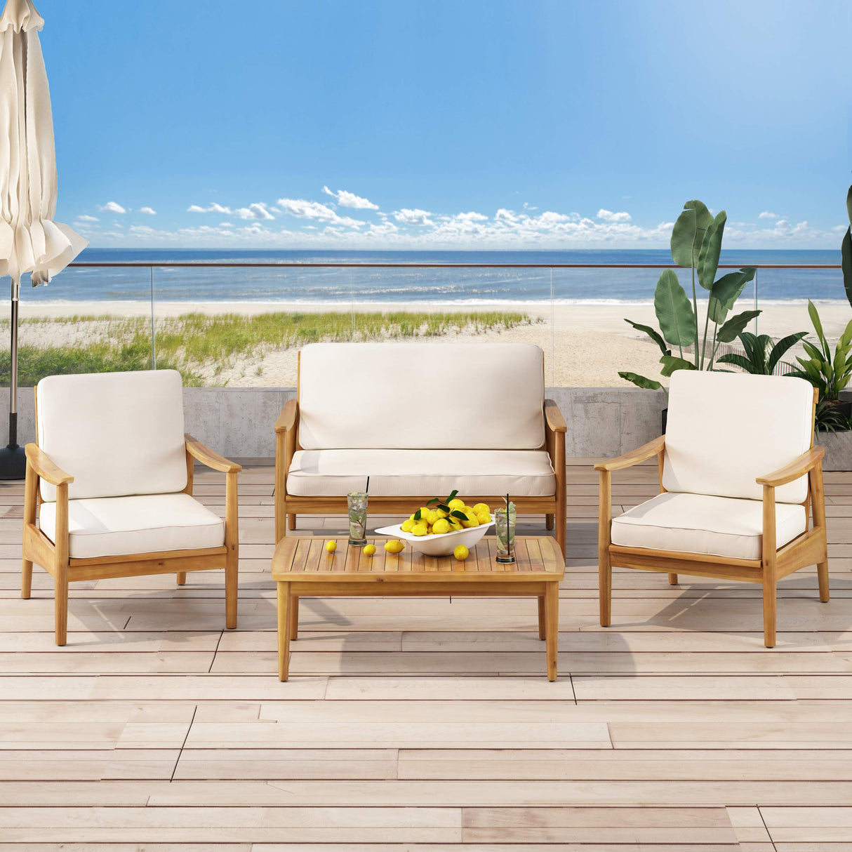 Christopher Knight Home Felix Outdoor Acacia Wood 4 Seater Chat Set with Coffee Table, Teak Finish, Beige Christopher Knight Home