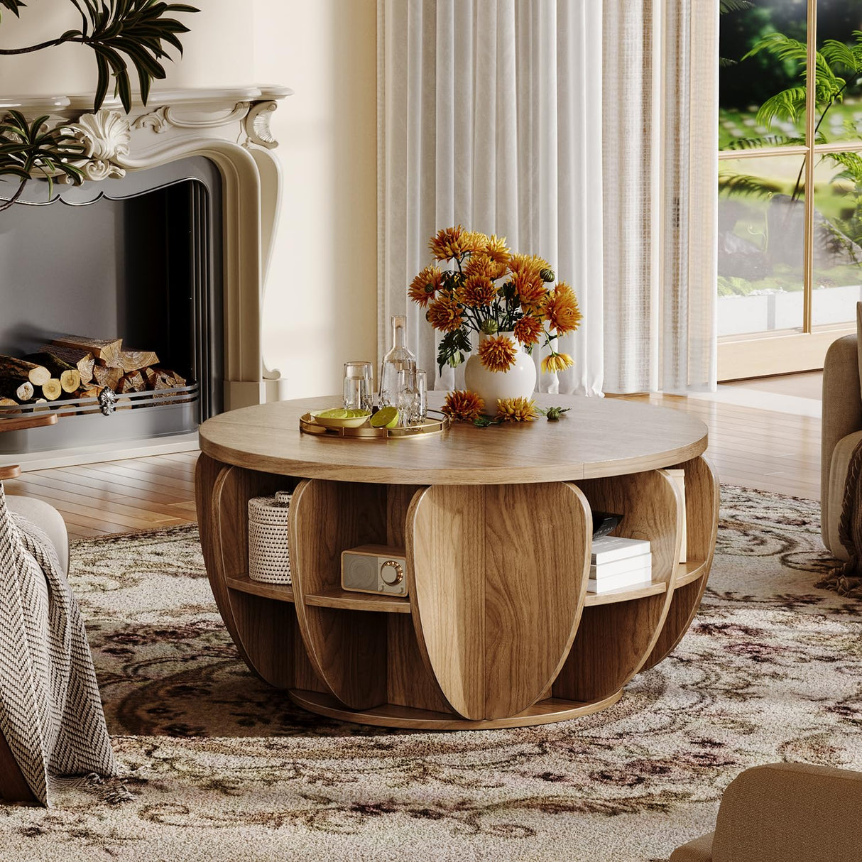 32.7" Lift Top Coffee Table with Storage, Wood Round Center Table with Hidden Storage Compartment & Shelves, Mid Century Modern Coffee Tables for Living Room Rustic Accent Small Center Table TOKSOM