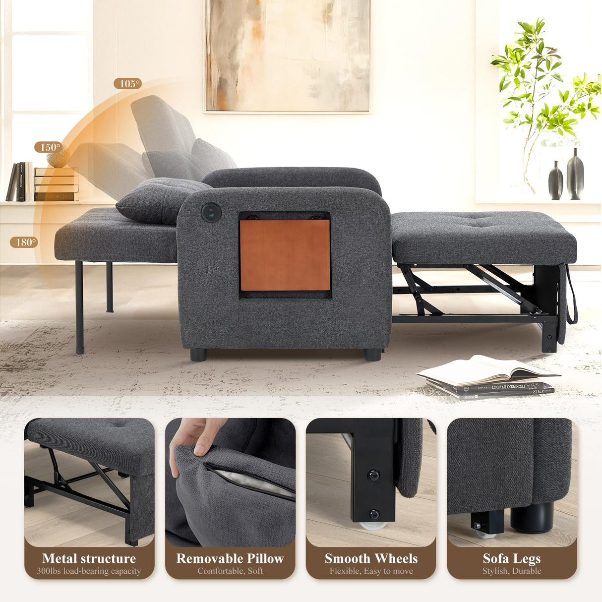 Convertible Sleeper Chair-Fabric Futon Sofa Bed, Single Sleeper Sofa, Small Couch Bed with USB Port, Foldable Table, Pillow, Adjustable Backrest for Dorm/Bedroom/College Darkgrey COLAMY