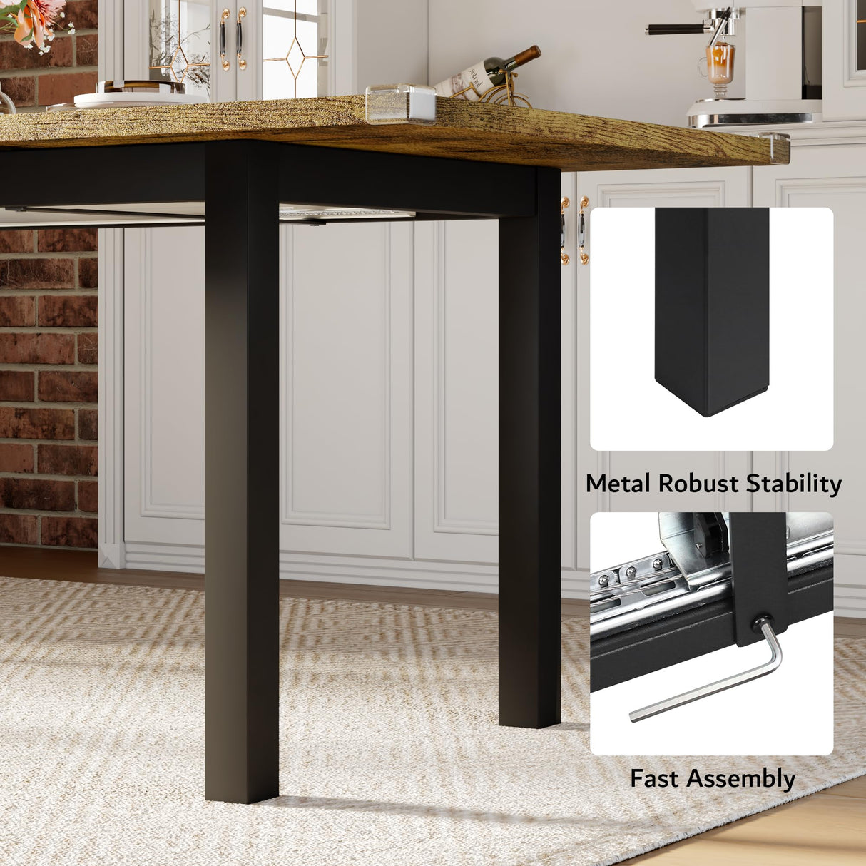 iPormis 63" Extendable Kitchen Table for 4-8, Square Wooden Dining Table with Metal Base, Mid-Century Dinner Table for Small Space, Easy Assembly, Rustic Brown iPormis