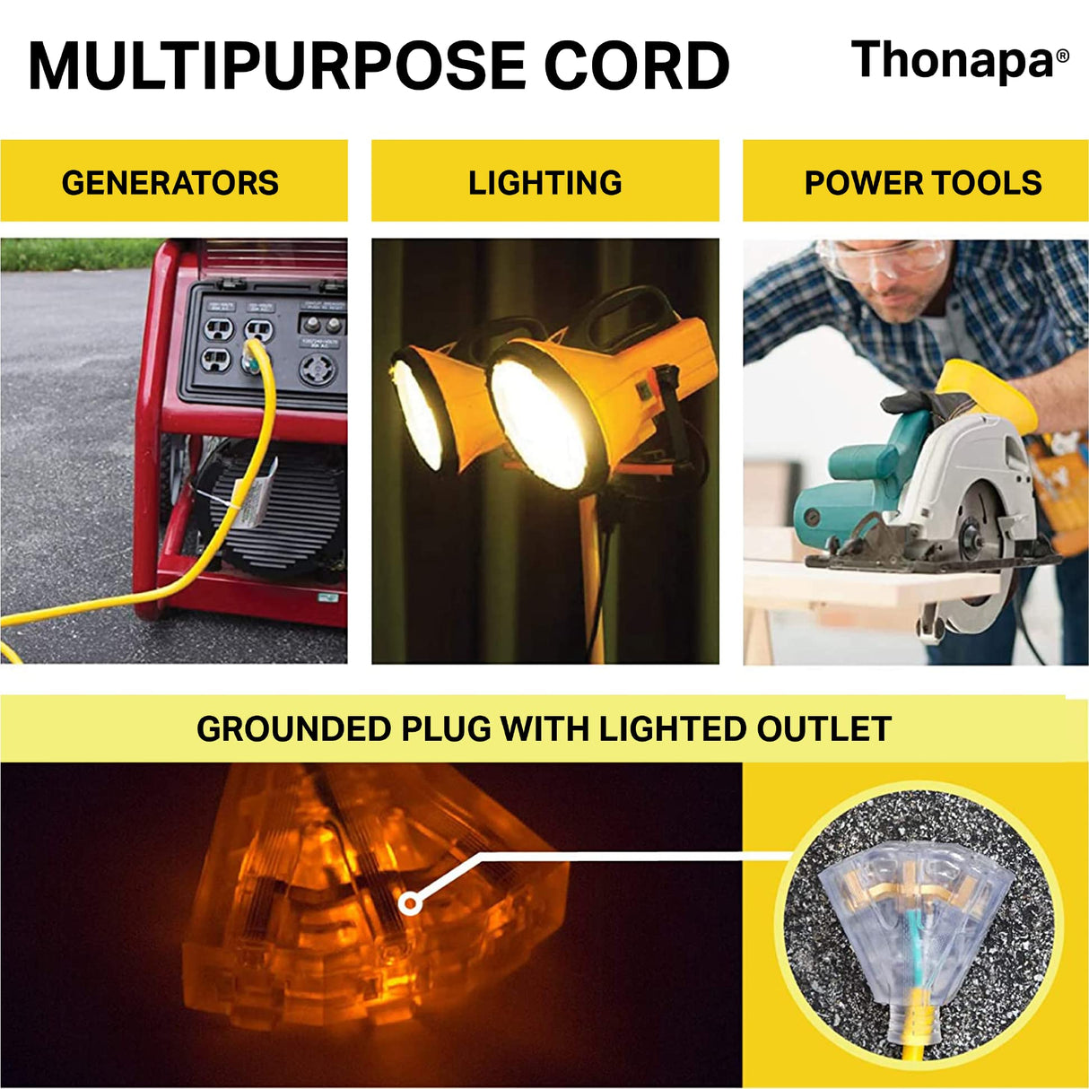 THONAPA 10 Gauge Outdoor Extension Cord 75 ft with 3 Outlets - Weatherproof Heavy Duty Extension Cord with Multiple Outlets 75 Foot, 10/3 SJTW Yellow Cable with 3 Prong Grounded Plug, 15 Amp Thonapa