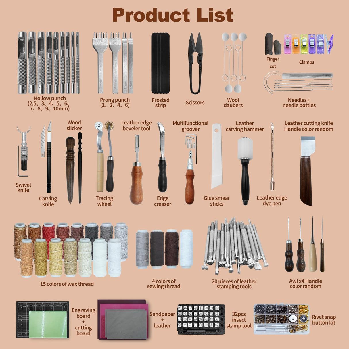 EDIETH Professional Leather Craft Tools Kit Leather Working & Tooling Set with High-Carbon Steel Stamping, Punching, Sewing, Engraving Tools, Custom Cutting Mats for Leathercraft Projects EDIETH