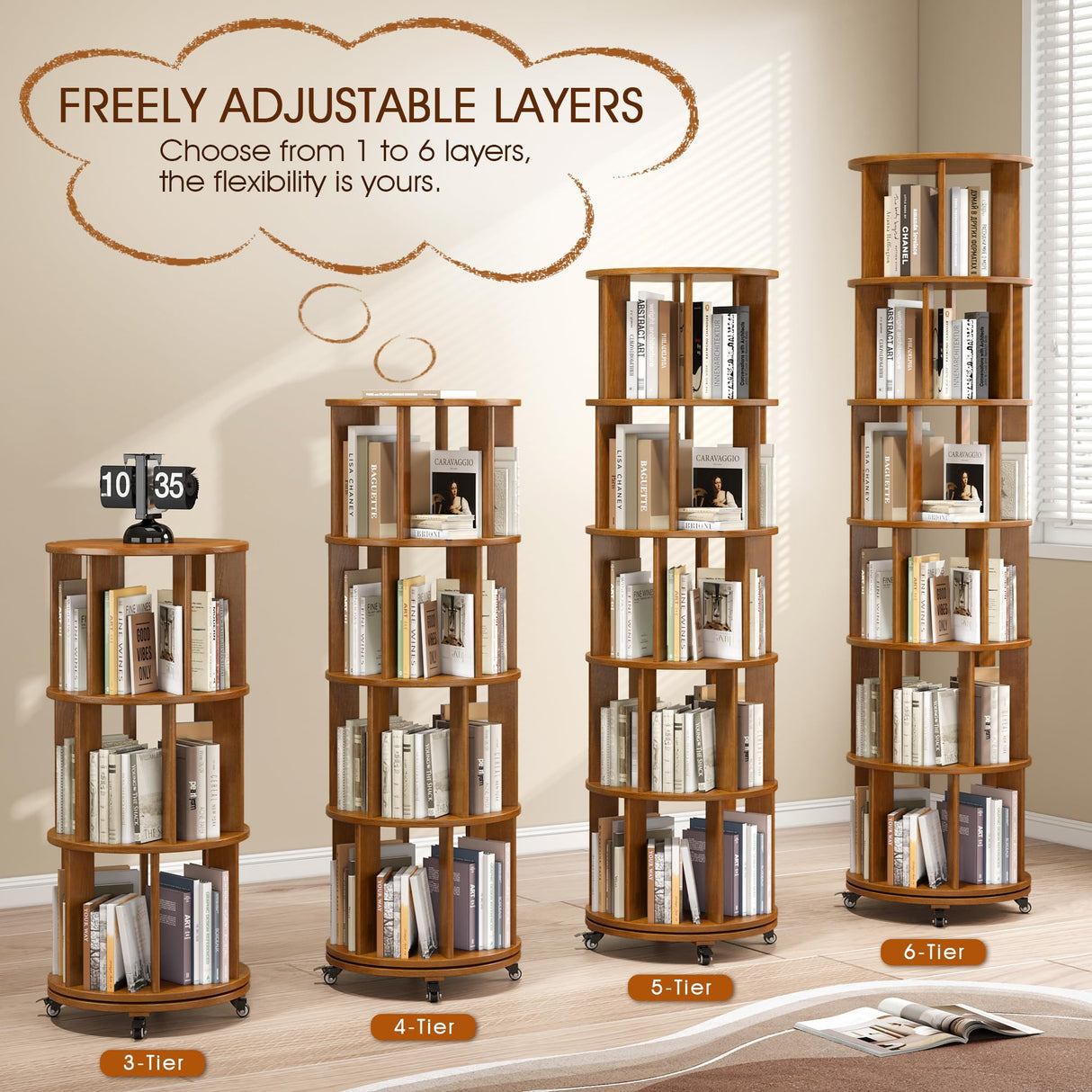 6 Tier Rotating Bookshelf Tower Spinning Bookshelf with Swivel Wheels Book Shelf Rotating Storage Tower for Kids Adult Narrow Walnut Solid Wood Revolving Bookcase Organizer for Bedroom Living Room IUNVR