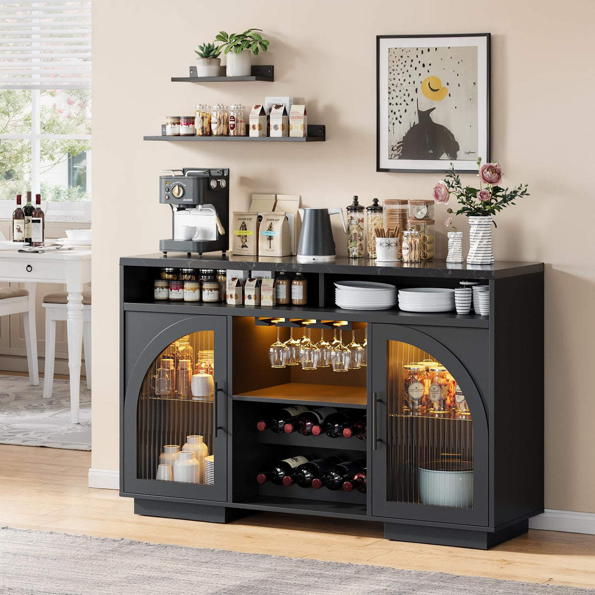 SOLACE FURNITURE Sideboard Buffet Cabinet, 54" Kitchen Cabinet with LED Lights & Arched Glass Doors, Tall Bar Cabinets with 2 Adjustable Shelves, Wine Rack & Storage Table for Dining Room, Black SOLACE FURNITURE