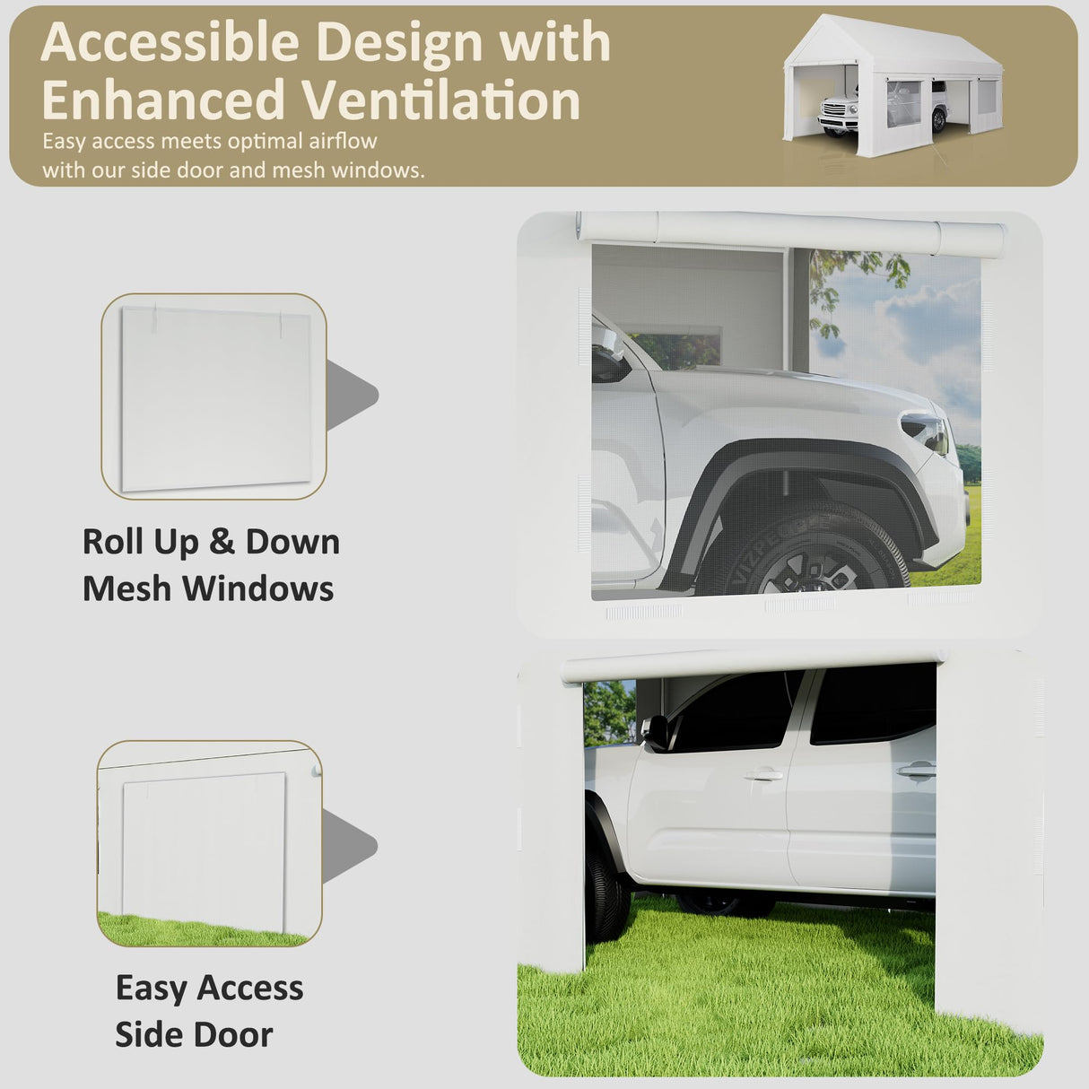 AirWire Carport 12' x 20' Heavy Duty Portable Garage, Carport Canopy with Side-Opening Door & Roll-Up Windows, Car Canopy Reinforced Four-Hole Base for Car, Truck, Boat, Party, White AirWire