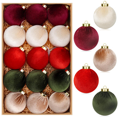 15 Pcs Velvet Christmas Ornaments Ball, 3.15" Christmas Tree Decorations Set, Shatterproof Hanging Xmas Ornaments Ball for Xmas Decor- Multicolor Red Green Brown Neutral